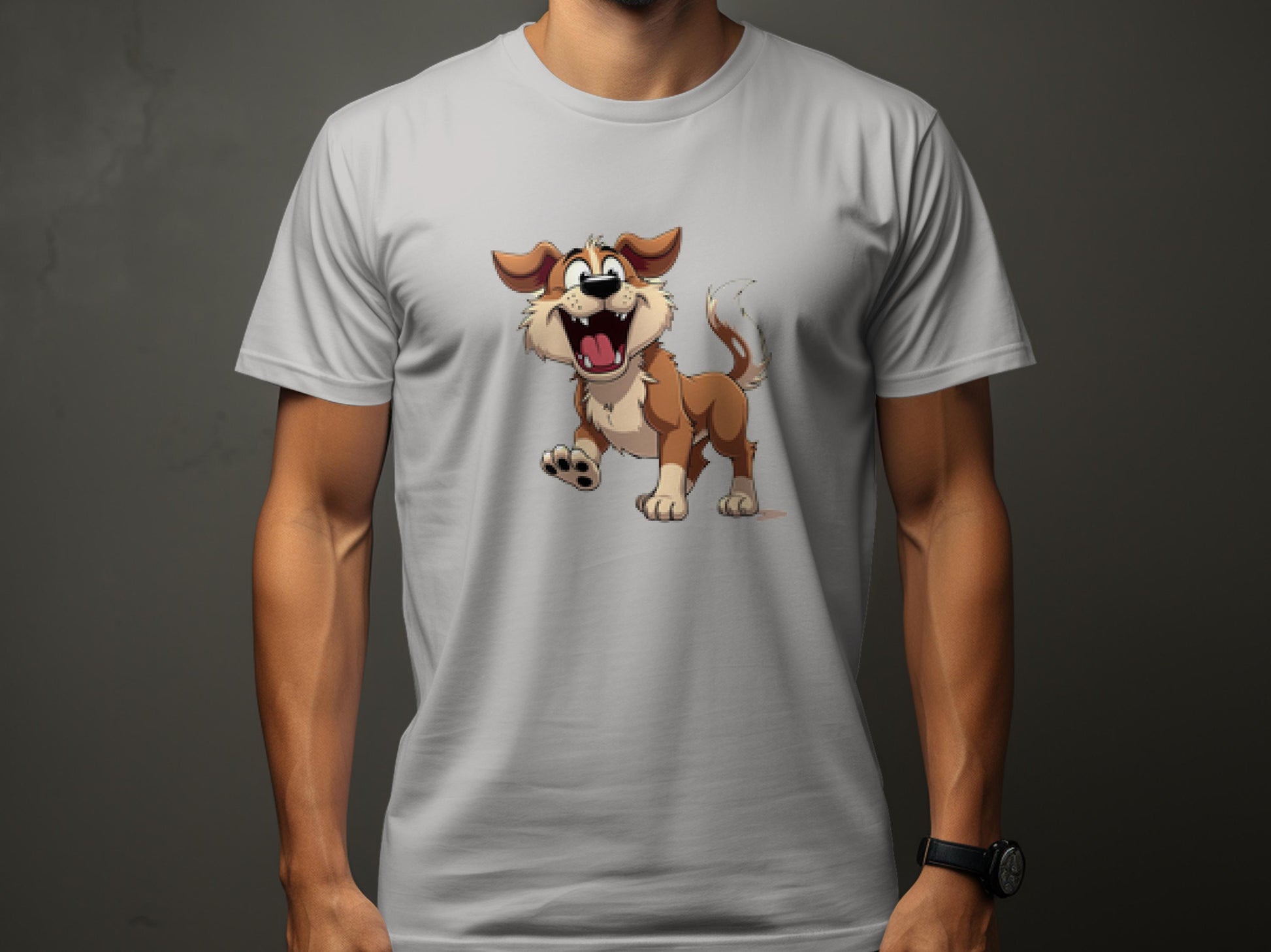 A dog lover wears a light gray T-shirt from Garment Graphics featuring a cartoon dog with brown and white fur, joyfully standing with its tongue out on a neutral dark gray background.