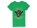 Garment Graphics offers a green T-shirt with a Blackpool-themed design featuring Liberty Motorcycles Specialist Blackpool 2023 around a bold skull and wings graphic complete with aviator goggles.