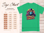 Garment Graphics makes a bold statement with their green Gildan 5000 t-shirt featuring a Gorilla Gangster motif, showing a gorilla in sunglasses and hat. A size chart for sizes S to 5XL, detailing width and length measurements, is available on the left.
