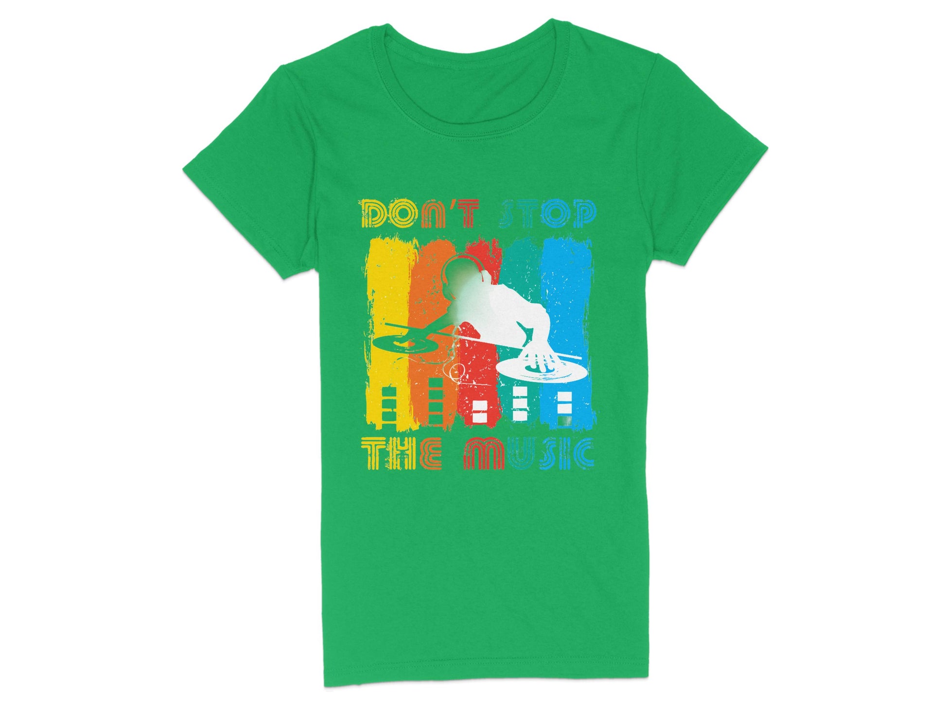 Music lovers will adore this green DJ graphic tee by Garment Graphics, showcasing a bold silhouette amidst vibrant rectangles and the energetic text Dont Stop the Music in blue, yellow, and orange.