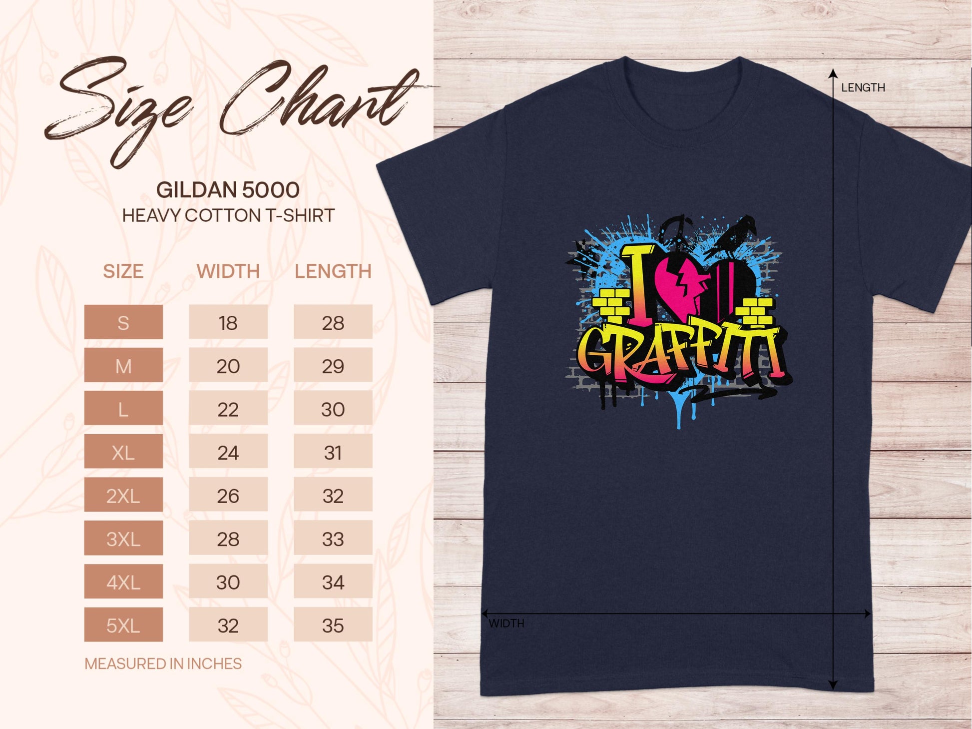 Check out the size chart for Garment Graphics Gildan 5000 heavy cotton t-shirt in dark and vibrant I Love Graffiti designs. Sizes from S to 5XL cater to street art fans who love our Graffiti Love T-Shirts collection.