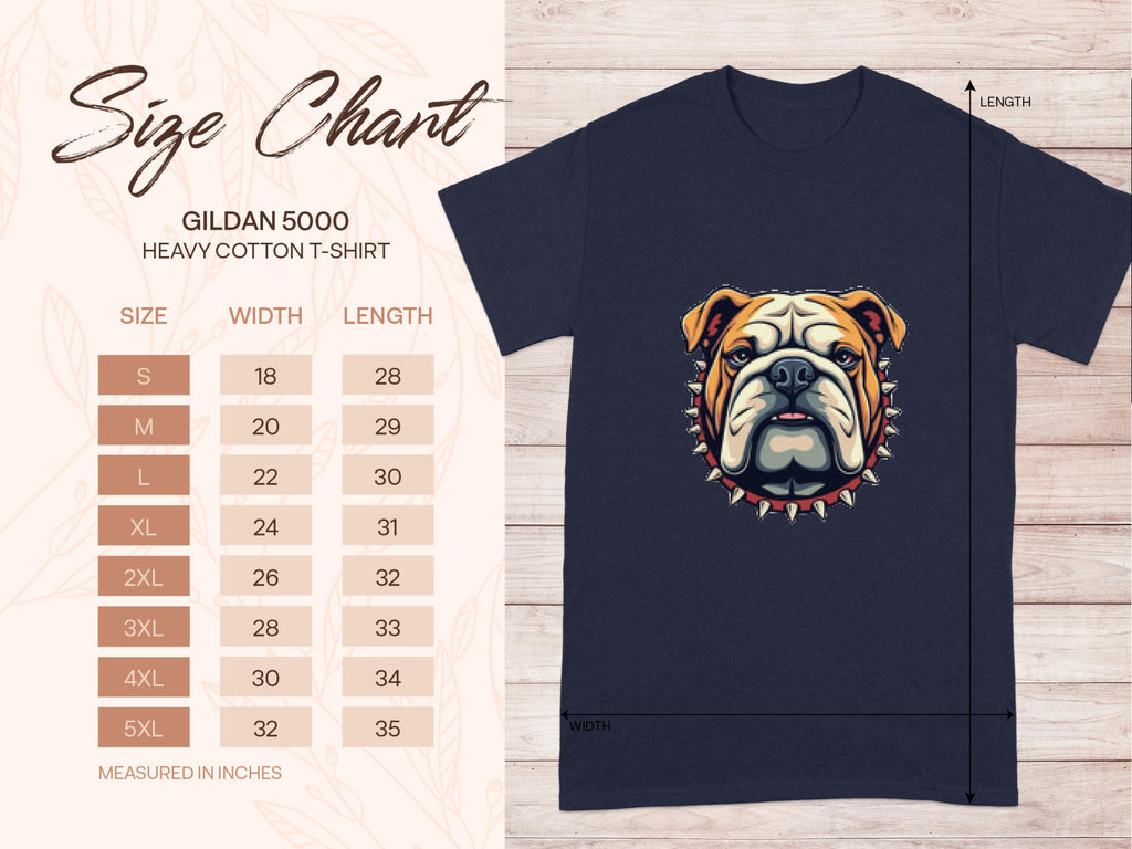 Check out the size chart for the Garment Graphics Gildan 5000 heavy cotton t-shirt with a bulldog graphic and spiked collar. Available in family sizes from S to 5XL, it comes in black with width and length measurements in inches.
