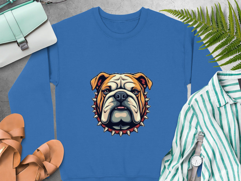 Garment Graphics blue sweatshirt boasts a bold bulldog graphic with a spiked collar. Unisex sizing promises comfort for all. Set on a gray backdrop, its styled with tan sandals, a striped shirt, watch, purse, and green fern leaves for an effortless look.