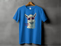 A Garment Graphics blue Llama T-shirt features a llama with red sunglasses and playful No Prob-llama text. Ideal for family sizes, it hangs on a wooden hanger against a gray background.