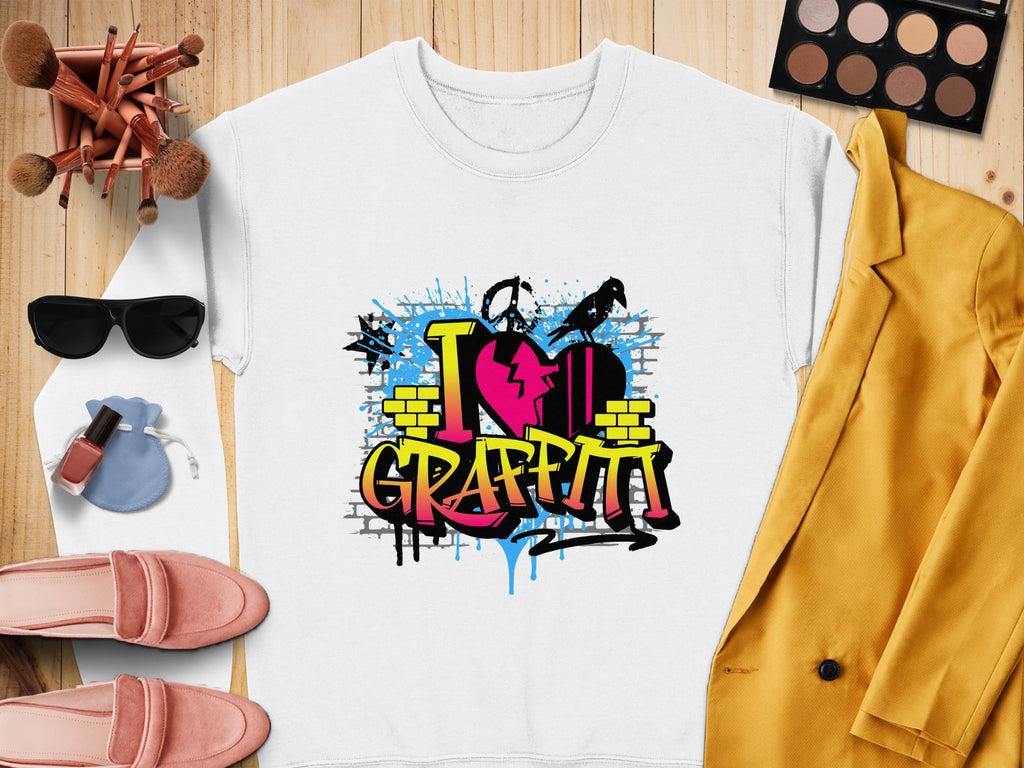 A white t-shirt from Garment Graphics featuring a vibrant graffiti design is displayed on a wooden surface, radiating urban style. Around it are sunglasses, makeup brushes, a palette, lipstick, pink shoes, a light blue pouch, and a yellow blazer.