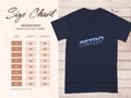 A size chart on the left displays Garment Graphics heavy cotton T-shirts measurements in inches, from S to 5XL. On the right is a dark T-shirt with a Retro multicolored graphic design, exuding vintage charm. Arrows show length and width for classic fit.