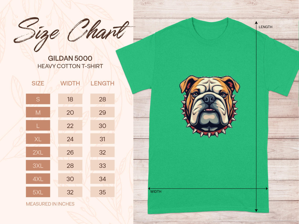 Garment Graphics offers a family-sized bulldog graphic T-shirt, from S to 5XL, on the Gildan 5000 heavy cotton tee. A size chart on the left against a light wood background details width and length for convenience.