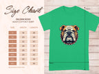 Garment Graphics offers a family-sized bulldog graphic T-shirt, from S to 5XL, on the Gildan 5000 heavy cotton tee. A size chart on the left against a light wood background details width and length for convenience.