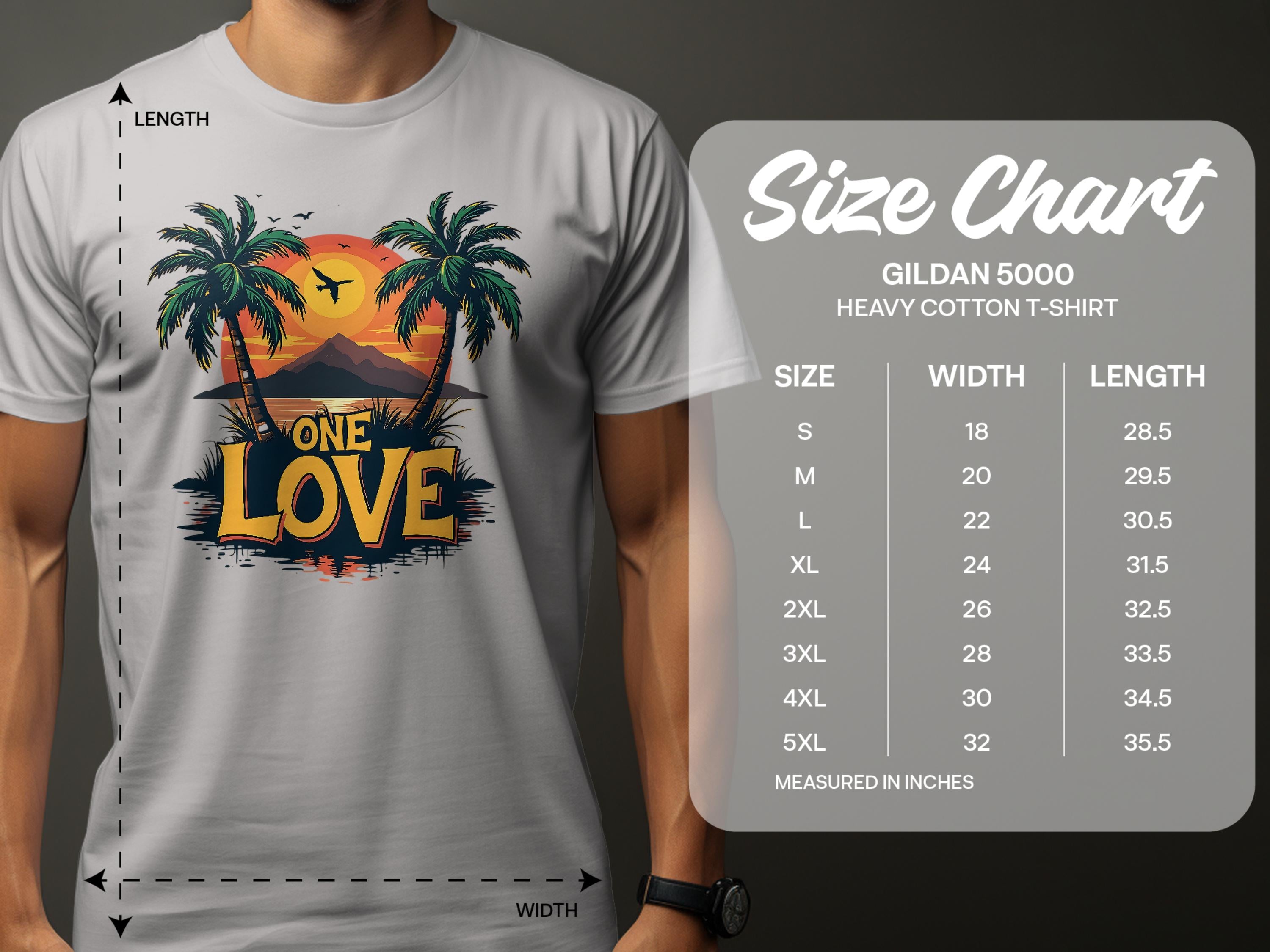 Someone wears a white Garment Graphics T-shirt featuring a tropical sunset with palm trees and One Love in black and orange. Ideal for beach lovers, it includes a Gildan 5000 heavy cotton size chart for S to 5XL in inches.