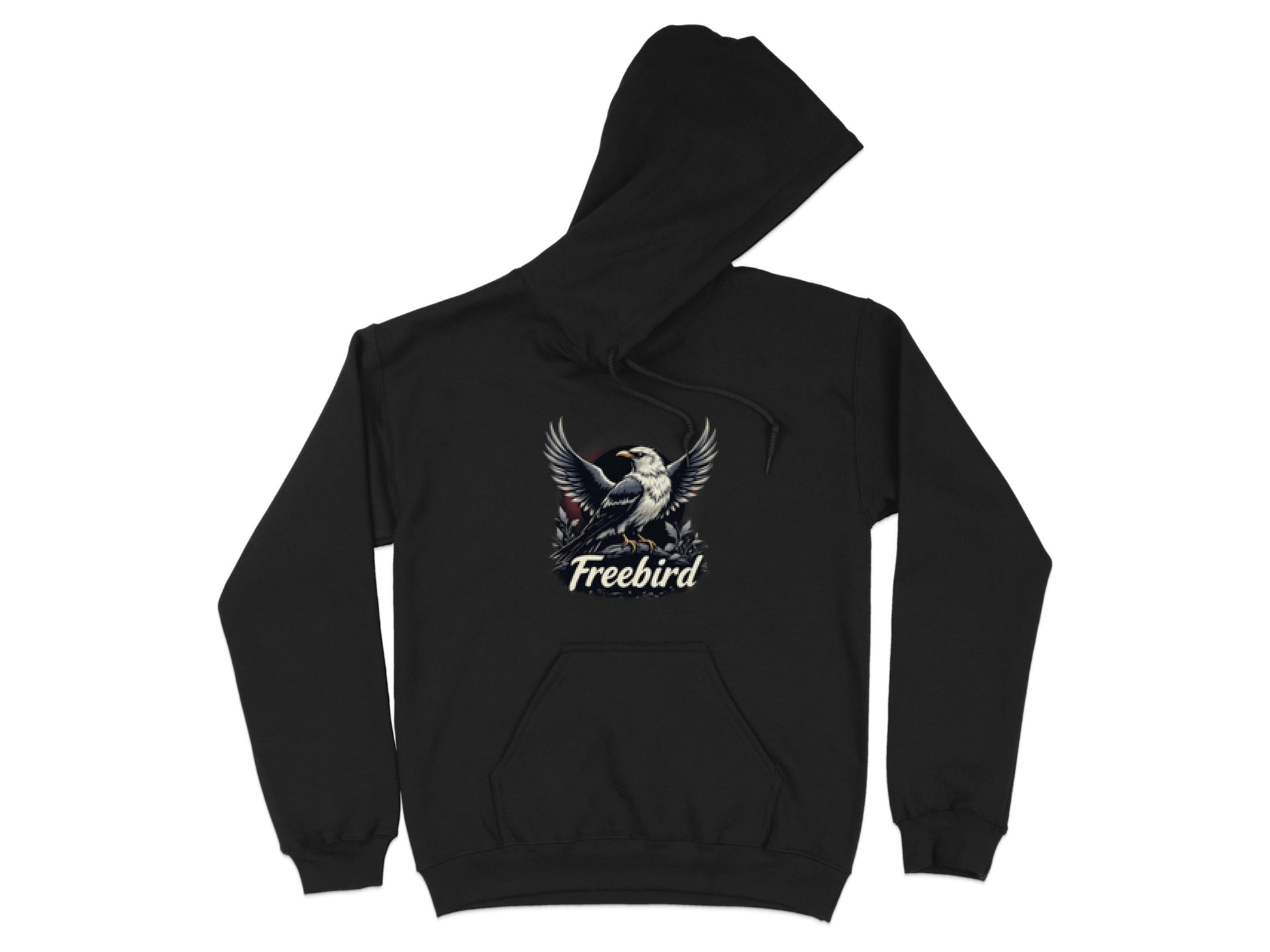 Discover the Garment Graphics Freebird Hoodie, a stylish black pullover featuring a bird in flight and Freebird printed below. This hoodie includes a front pocket and hood for added comfort.