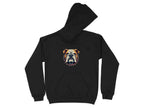 Garment Graphics presents a bold black hoodie with a centered bulldog graphic sporting a spiked collar, front pocket, and drawstring hood. Perfect for bulldog design fans.