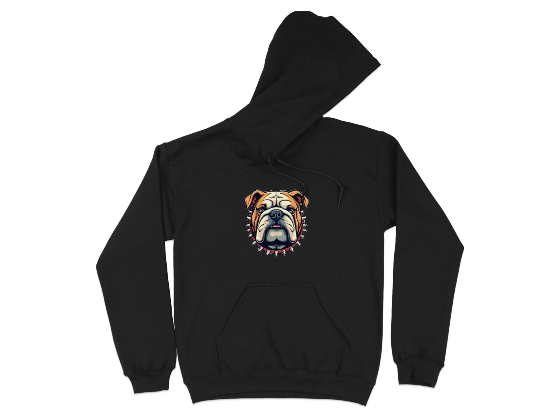 Garment Graphics presents a bold black hoodie with a centered bulldog graphic sporting a spiked collar, front pocket, and drawstring hood. Perfect for bulldog design fans.