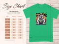 Explore the distinctive style of Garment Graphics green tee, showcasing a cute cartoon bulldog with City King text. Check the size chart for Gildan 5000 Heavy Cotton T-Shirt on the left, featuring sizes S to 5XL with width and length measurements in inches.