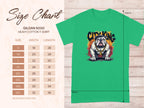 Explore the distinctive style of Garment Graphics green tee, showcasing a cute cartoon bulldog with City King text. Check the size chart for Gildan 5000 Heavy Cotton T-Shirt on the left, featuring sizes S to 5XL with width and length measurements in inches.
