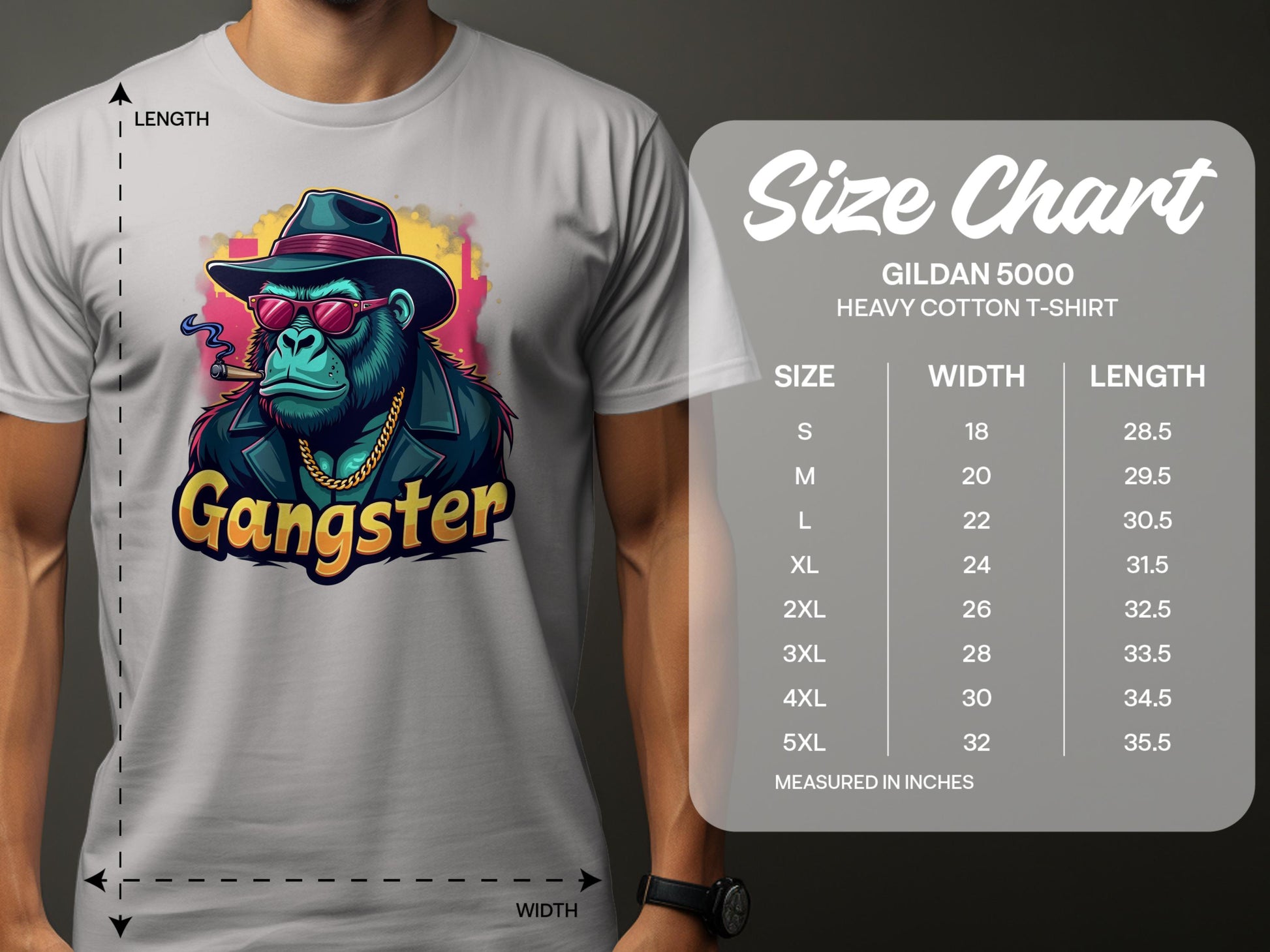 A person wears a Garment Graphics classic fit white t-shirt with a graphic of a blue monkey in a hat and sunglasses smoking a cigar, labeled Gangster for an urban vibe. A size chart for the Gildan 5000 heavy cotton t-shirt is displayed on the right.