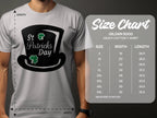 A person wears a white Garment Graphics St. Patricks Day t-shirt with a top hat and four-leaf clover design. Beside them is the Gildan 5000 heavy cotton size chart, detailing sizes S to 5XL with width and length in inches.