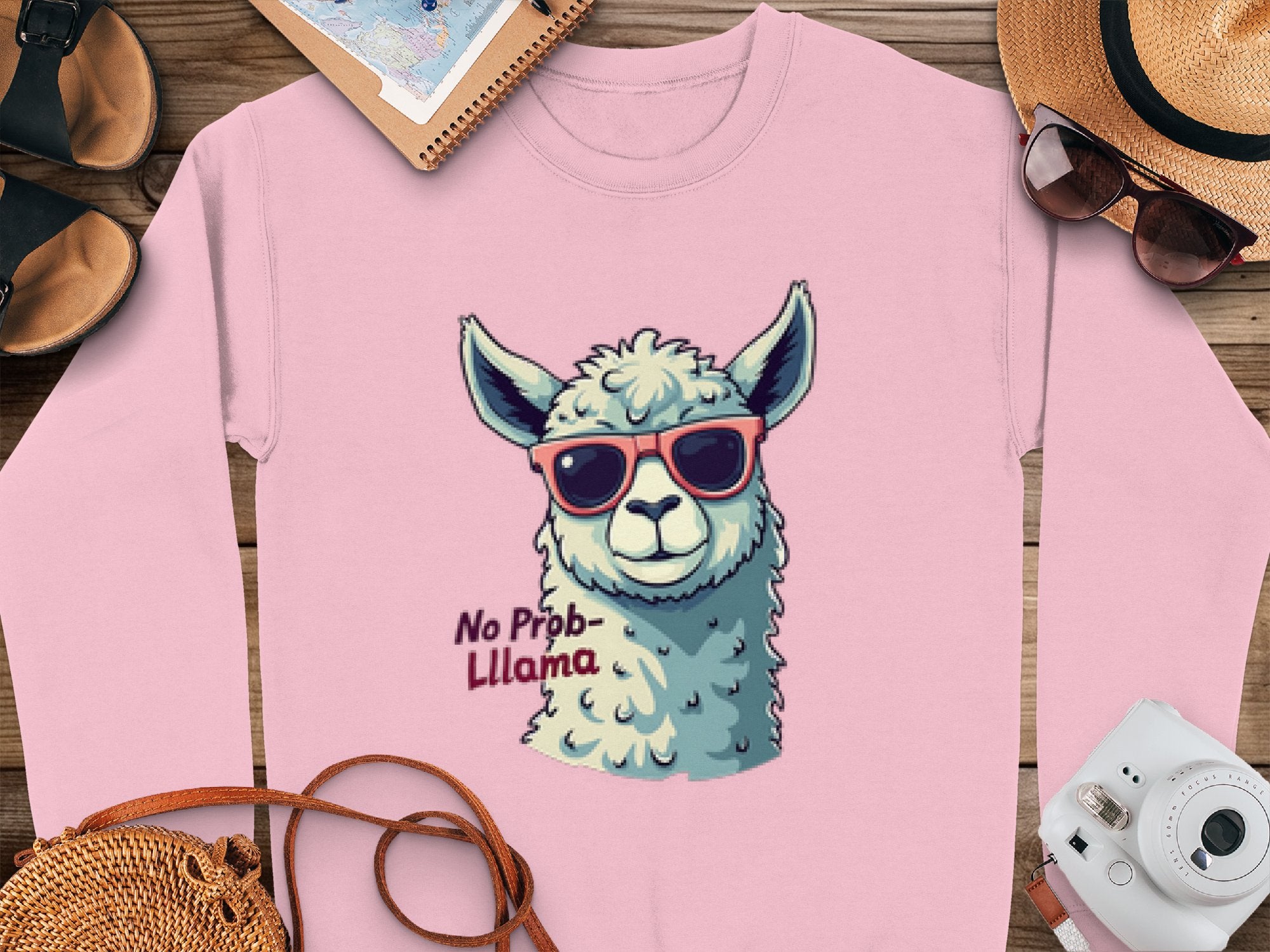 The No Prob-Llama unisex sweatshirt from Garment Graphics features a cartoon llama wearing sunglasses. Styled with a camera, sandals, a notebook, and straw hats on a wooden surface, it embodies the perfect playful vibe.