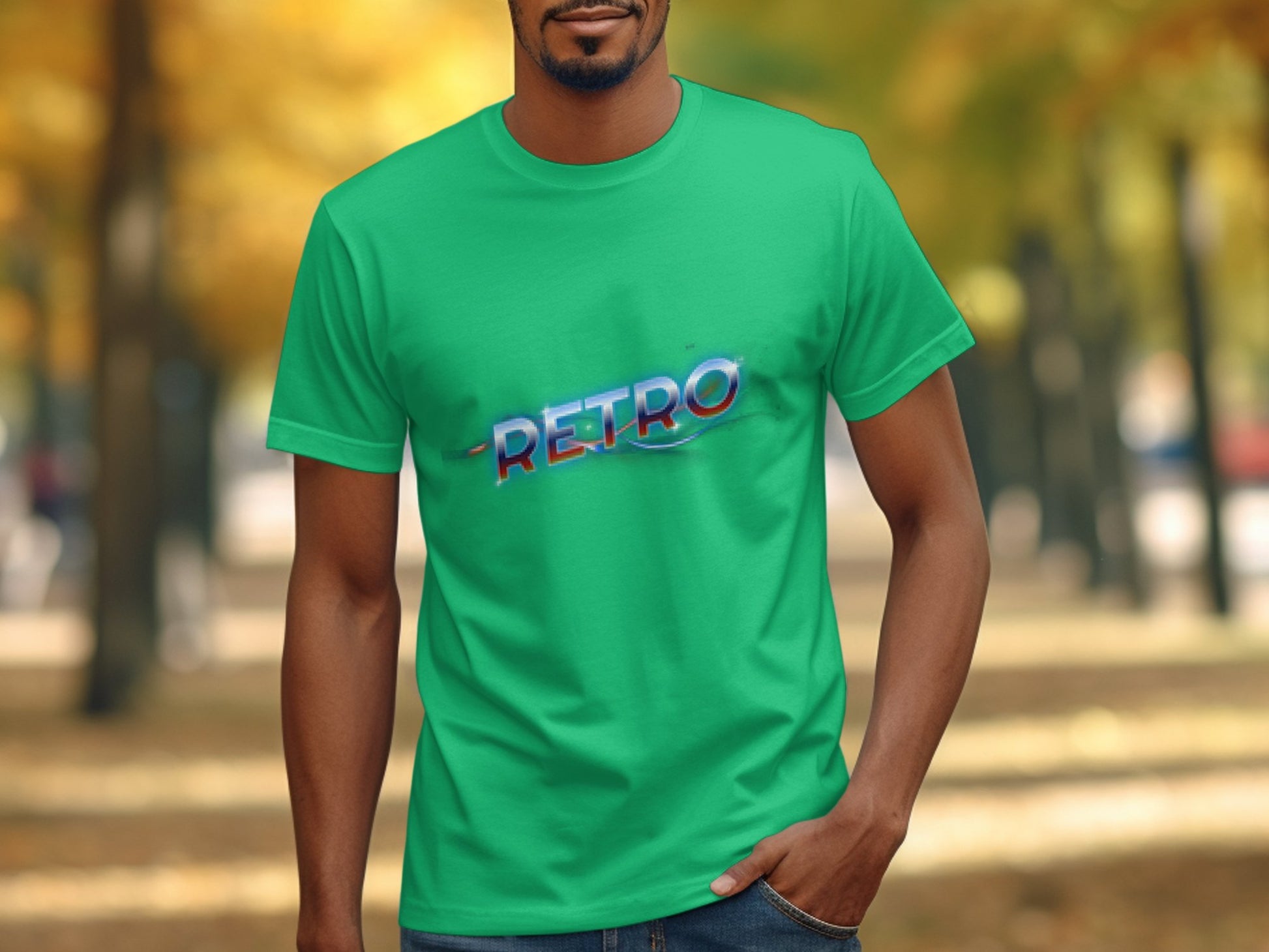 A person is outside in a vibrant green T-shirt with a Retro Graphic Design by Garment Graphics. The backdrop shows blurred trees and fallen leaves, giving the park or natural setting a vintage charm.