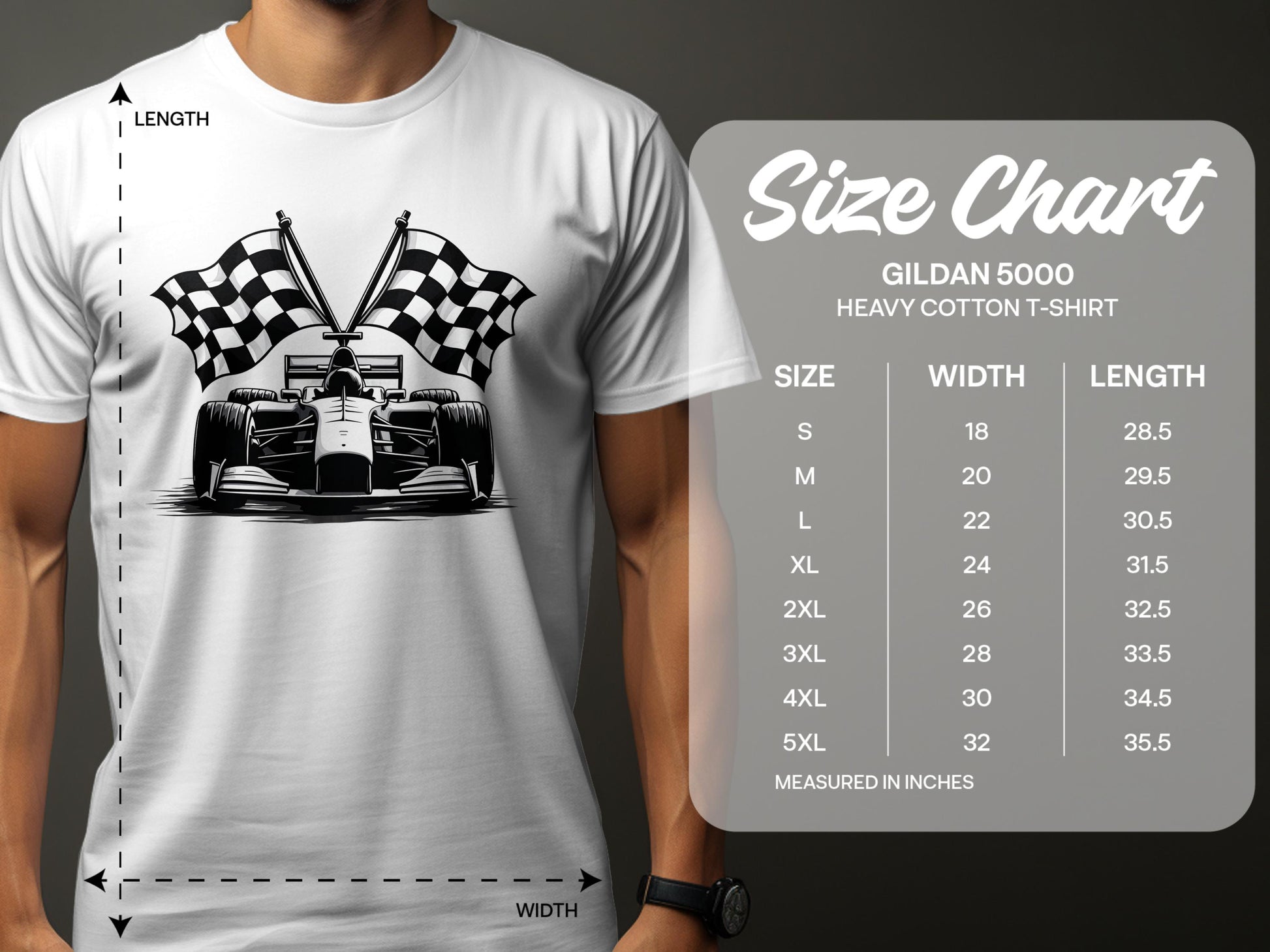 A man sports a white Garment Graphics T-shirt with a racing car and checkered flags. Nearby, the Gildan 5000 Heavy Cotton T-Shirt size chart shows sizes S to 5XL, with inch-based widths and lengths, ideal for motorsport fans.