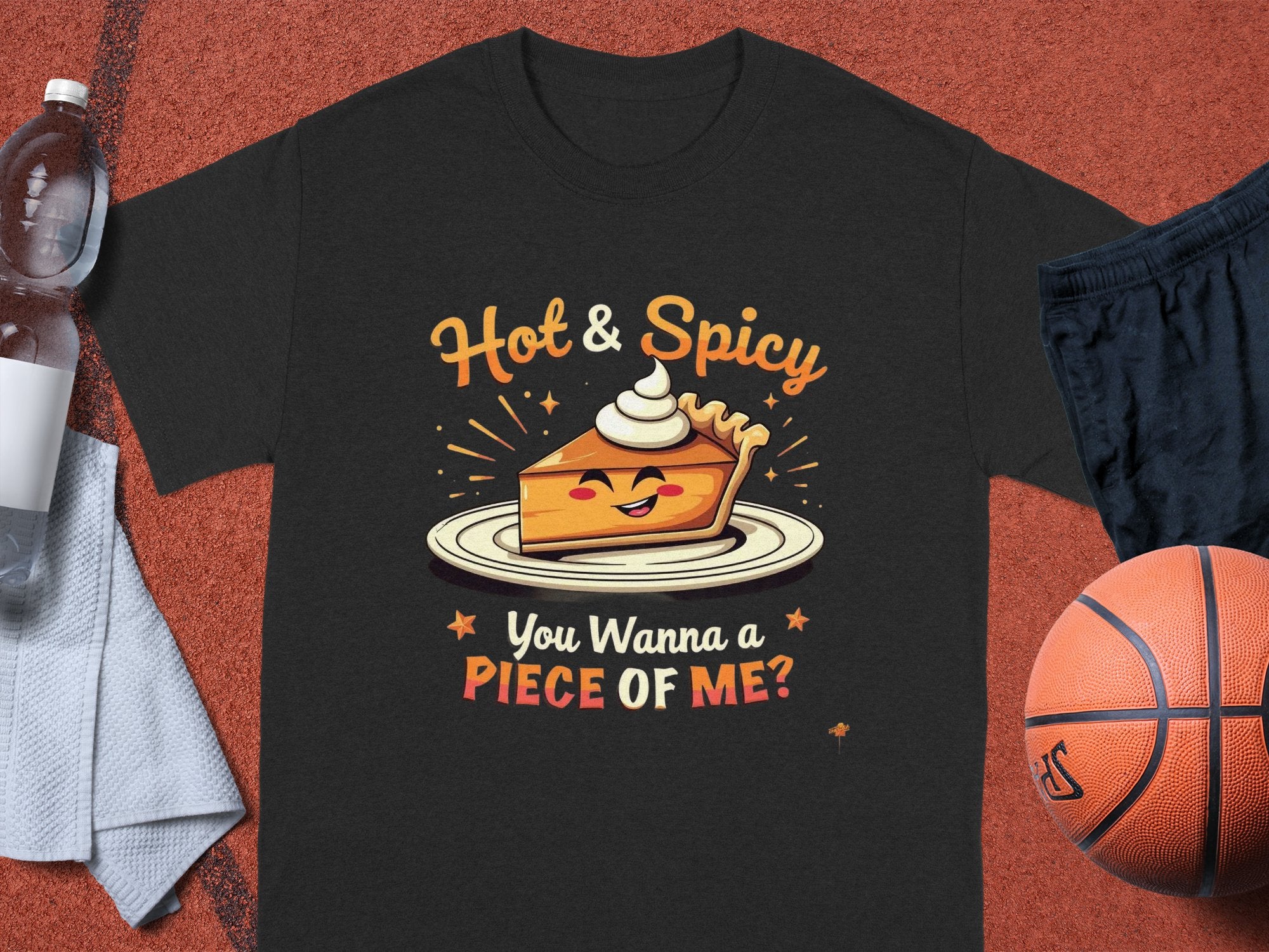 Garment Graphics offers a black T-shirt with a hot and spicy pie design, featuring an illustrated pie slice with a face and whipped cream, surrounded by stars. The text reads Hot & Spicy and You Wanna a Piece of Me? Its perfect for pairing with basketball gear and available in family sizes.