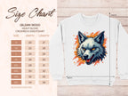 Size chart for a Garment Graphics heavy blend crewneck sweatshirt featuring a graffiti-style wolf face graphic, listing six sizes from S to 5XL with width and length measurements in inches.