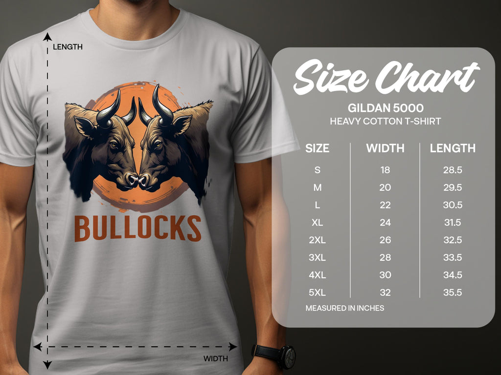 A man sports a white Garment Graphics t-shirt with two bull heads and BULLOCKS. Beside him is a size chart for the Gildan 5000 heavy cotton tee, featuring family sizing from S to 5XL with classic fit and detailed width and length measurements.
