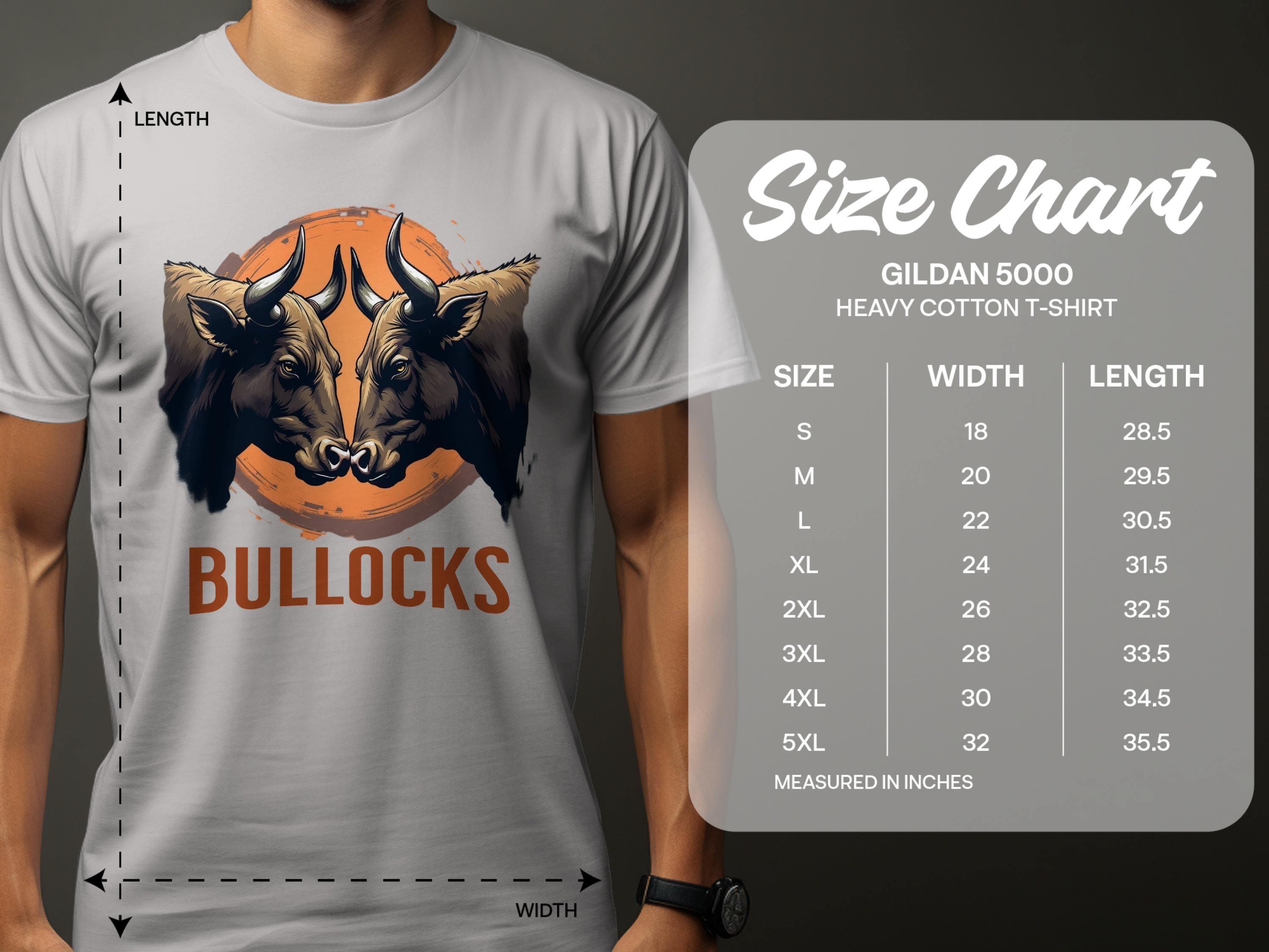 A man sports a white Garment Graphics t-shirt with two bull heads and BULLOCKS. Beside him is a size chart for the Gildan 5000 heavy cotton tee, featuring family sizing from S to 5XL with classic fit and detailed width and length measurements.