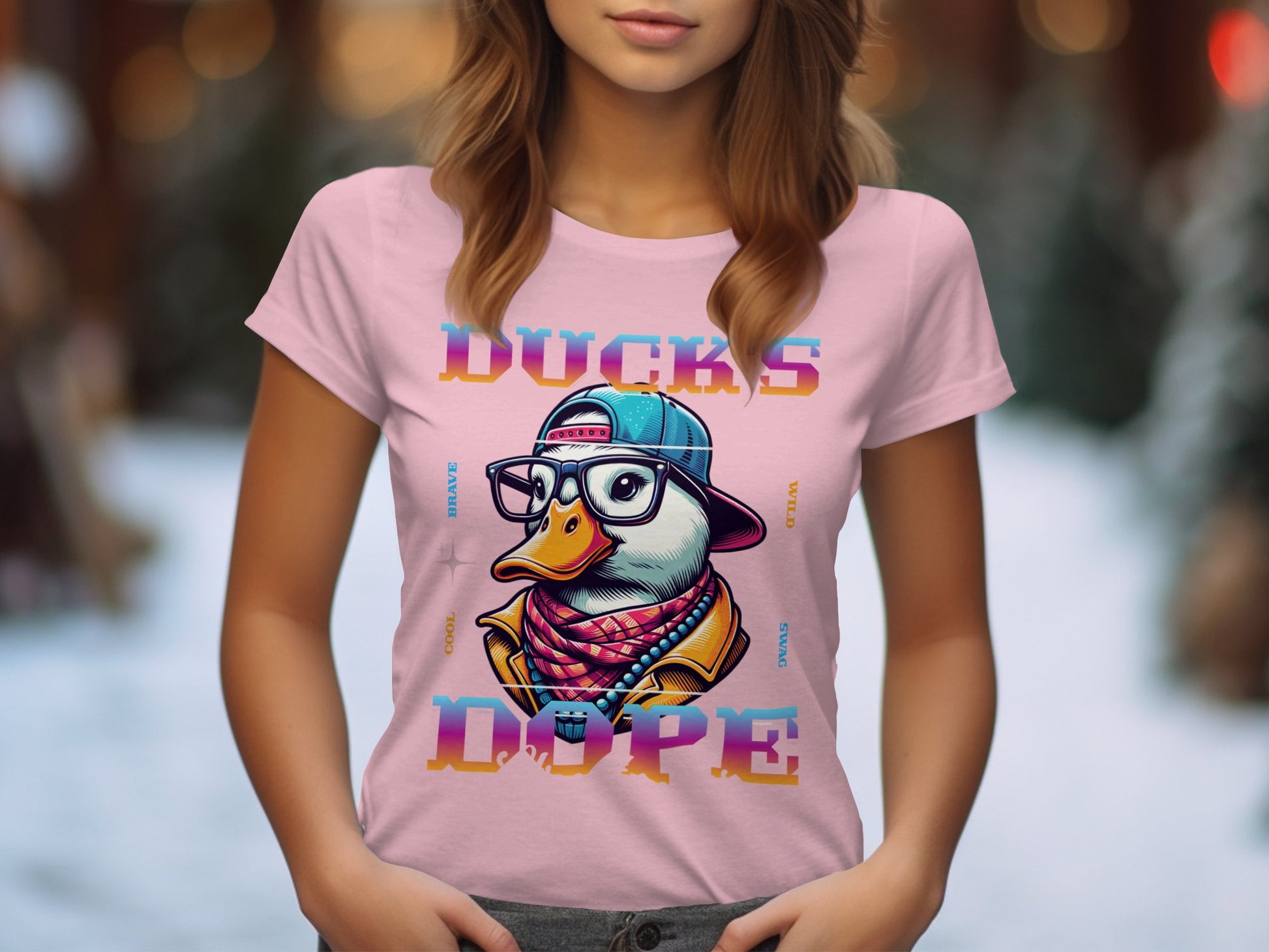 A person in a light pink Garment Graphics T-shirt showcases the Cool Brave Wild Swag Duck design, complete with glasses and hat, framed by Ducks Dope, all set against a blurred outdoor background.