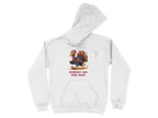 This Garment Graphics white hoodie showcases a cartoon turkey racing with a fiery trail and TURKEY ON THE RUN boldly displayed below, making it an exceptionally funny addition to your wardrobe.