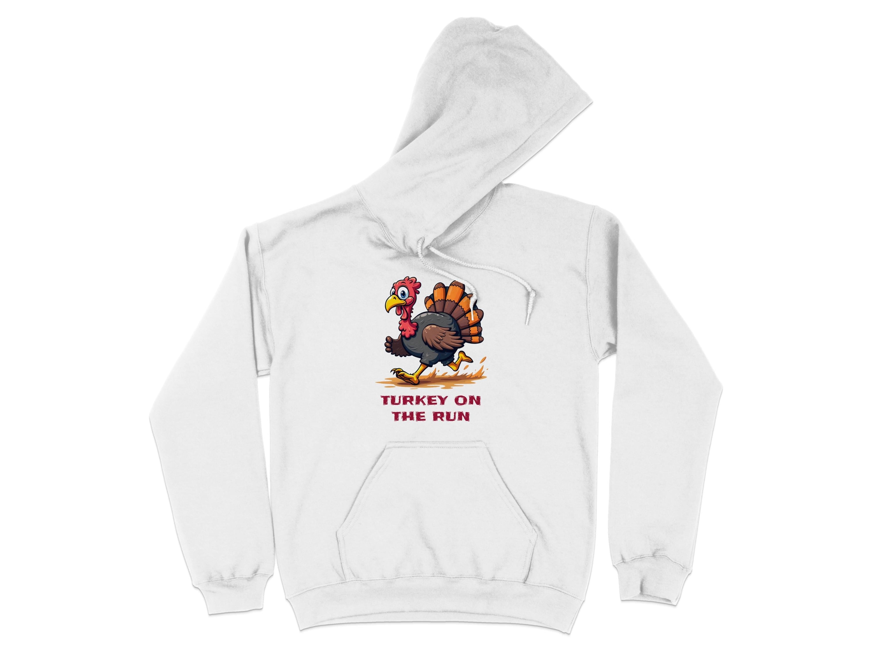This Garment Graphics white hoodie showcases a cartoon turkey racing with a fiery trail and TURKEY ON THE RUN boldly displayed below, making it an exceptionally funny addition to your wardrobe.