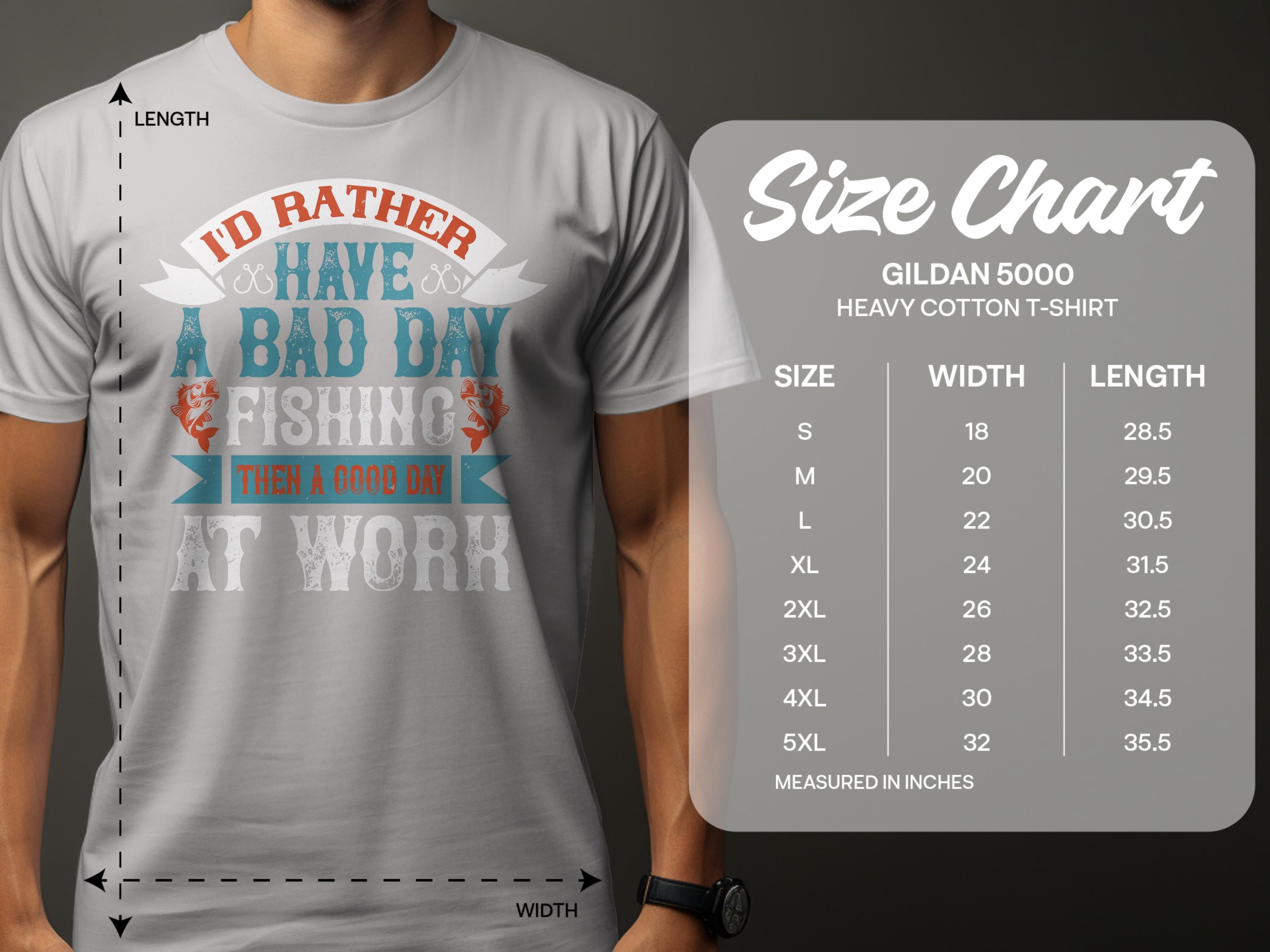 A man in a light gray Garment Graphics fishing T-shirt shows the vibrant text Id rather have a bad day fishing than a good day at work. Perfect for anglers, this Gildan 5000 tee offers sizes S to 5XL, making it an ideal gift.