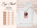 A size chart for the Garment Graphics 18500 heavy blend hoodie is shown beside a humorous white hoodie with a turkey graphic and Turkey on the Run text. It includes sizes S-5XL with corresponding width and length in inches.