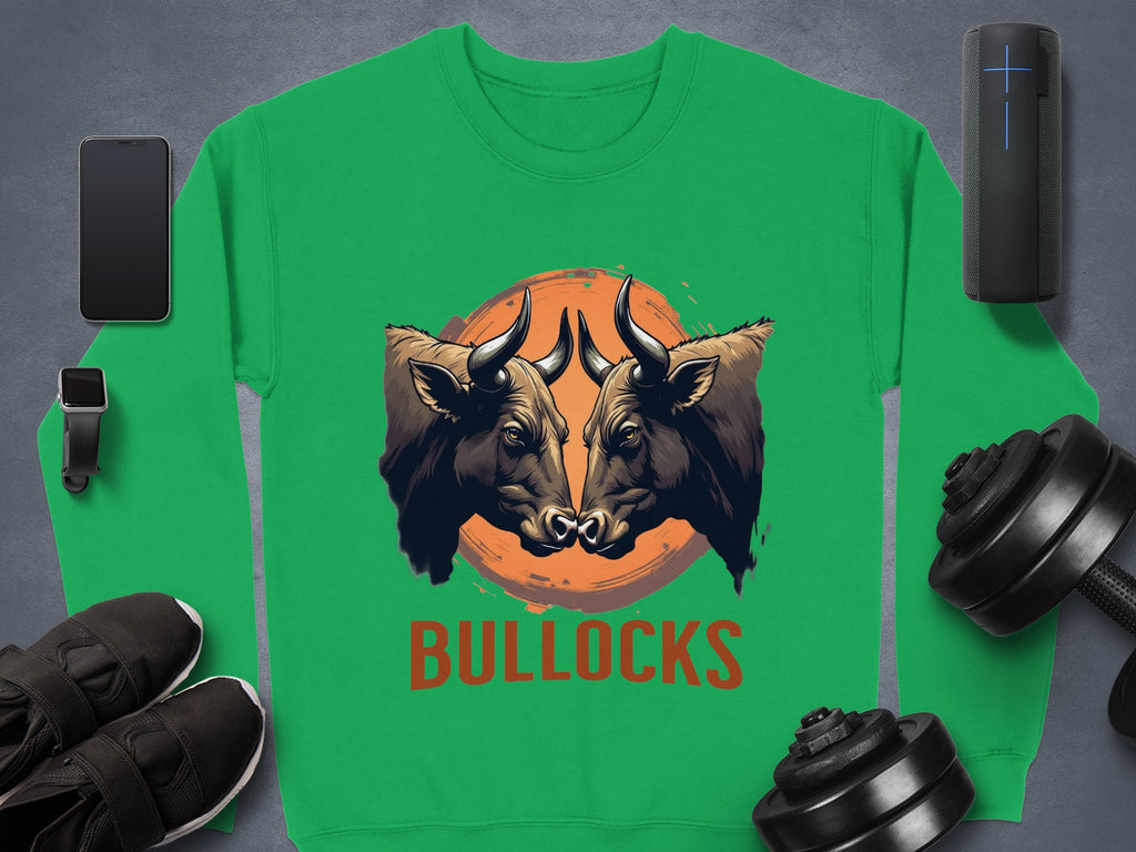 This eye-catching sweatshirt by Garment Graphics has a loose fit and features an illustration of two forward-facing bulls against an orange circle, with the bold BULLOCKS print adding flair. Pair it with your smartphone, smartwatch, sneakers, portable speaker, and dumbbells for a stylish ensemble.