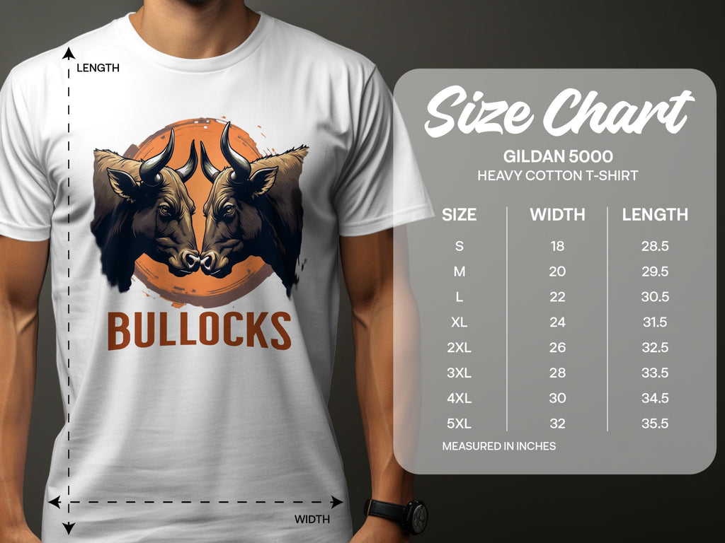 A person wears a Classic Fit white T-shirt by Garment Graphics with two bulls and BULLOCKS printed below, alongside a Gildan 5000 heavy cotton size chart showing Family Sizing from S to 5XL, with width and length in inches.