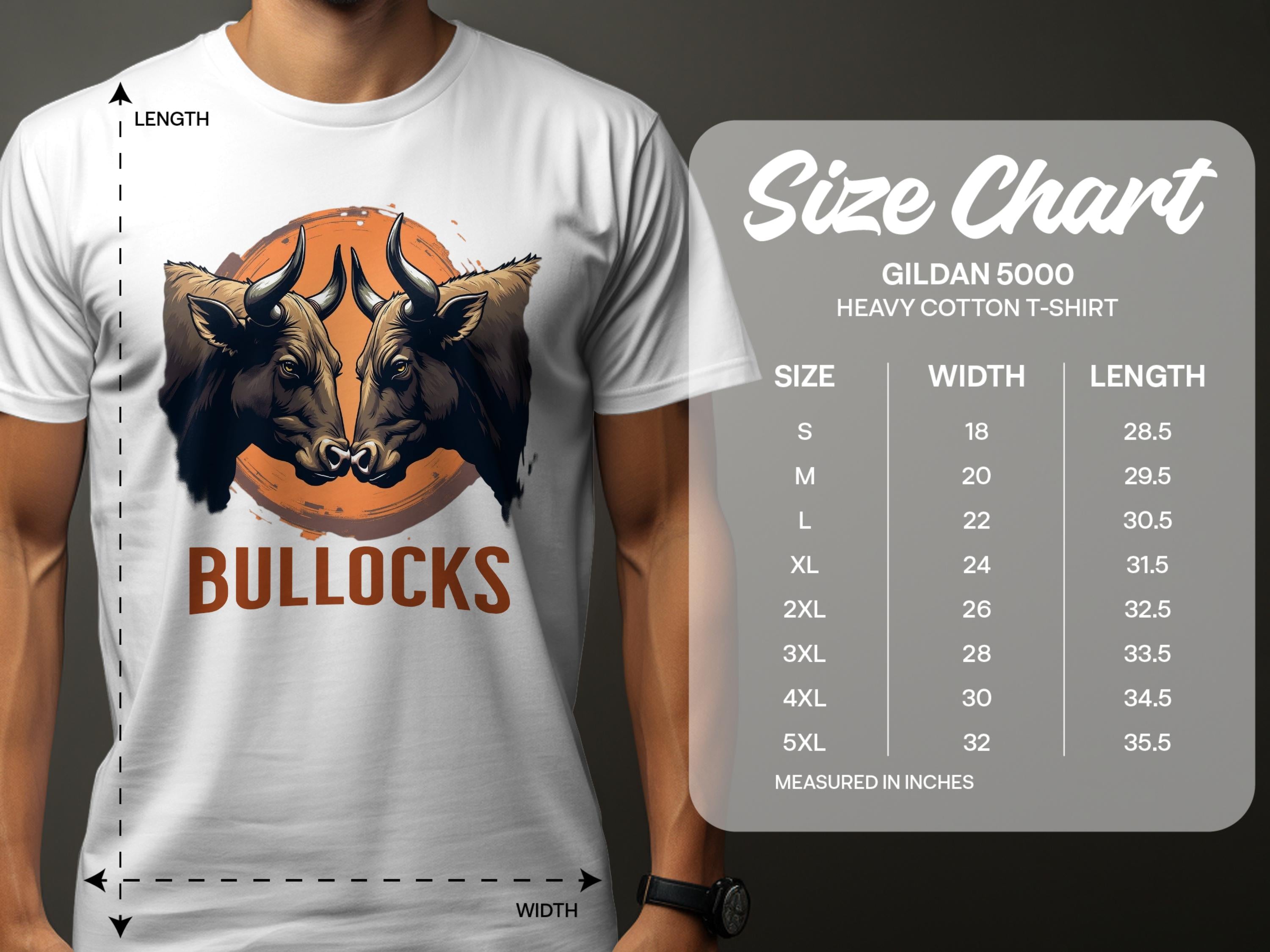 A person wears a Classic Fit white T-shirt by Garment Graphics with two bulls and BULLOCKS printed below, alongside a Gildan 5000 heavy cotton size chart showing Family Sizing from S to 5XL, with width and length in inches.