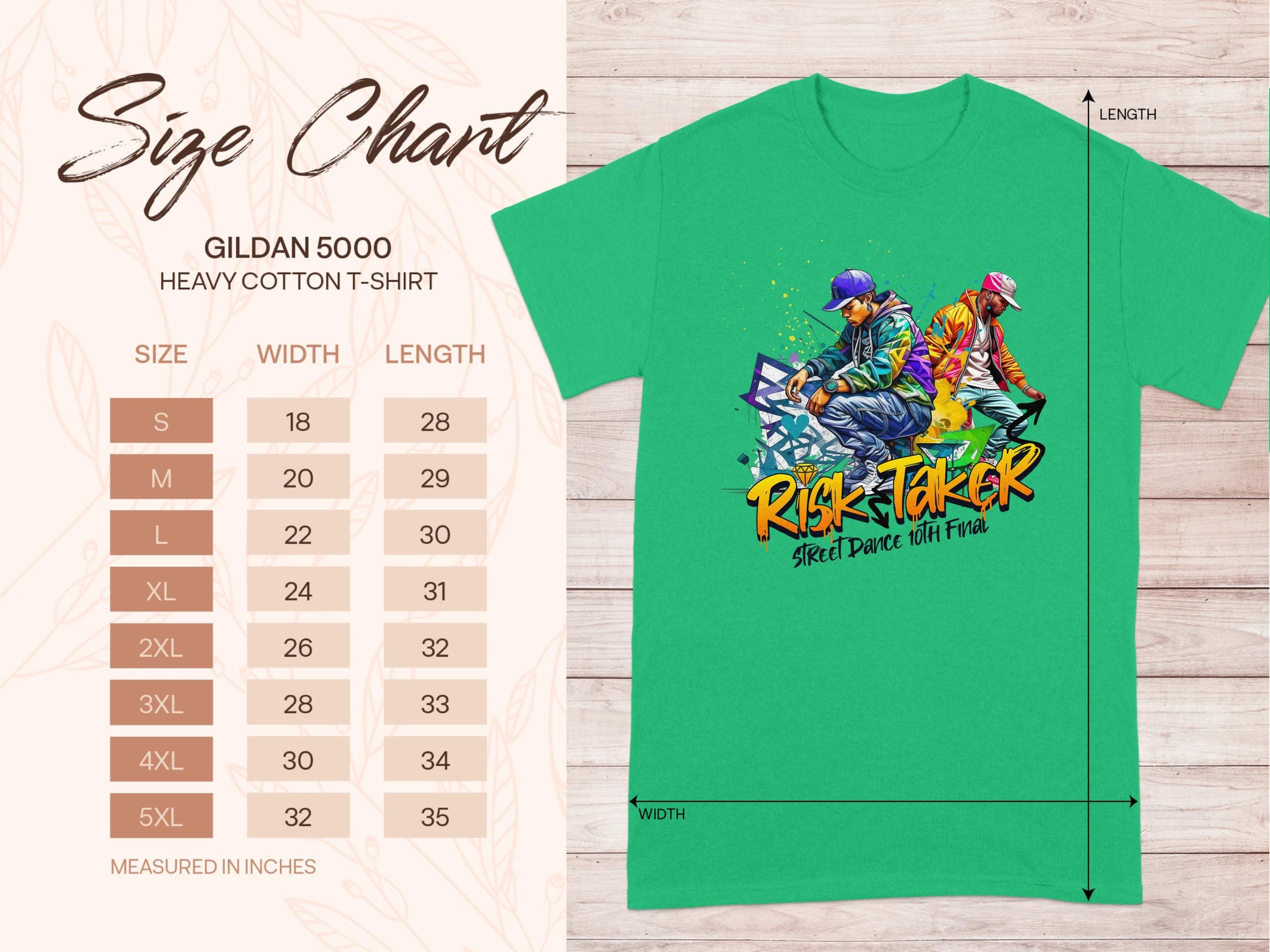 Garment Graphics Green T-shirt: features two dancers and Risk Taker Street Dance with Pride text; celebrates street dance culture. Includes Gildan 5000 Heavy Cotton size chart from S to 5XL in inches. Perfect for Risk Taker 10th Final T-Shirts collectors.