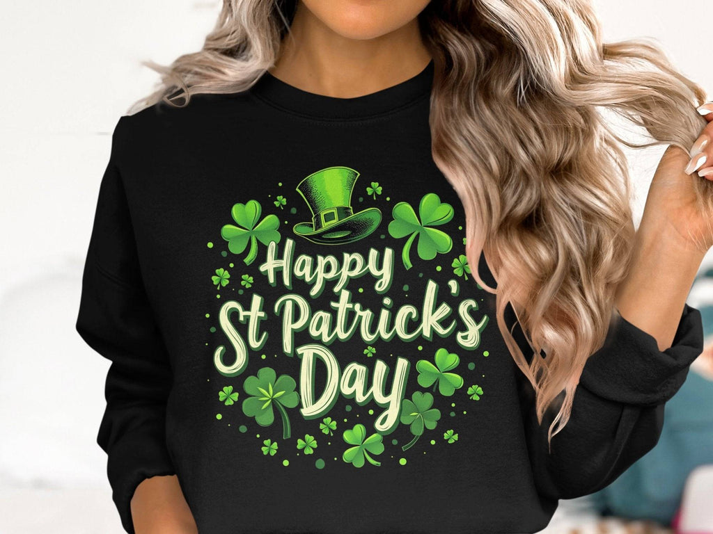 A woman with long, wavy blonde hair dons a Garment Graphics festive sweatshirt featuring shamrocks, a leprechaun hat, and Happy St Patricks Day. Her face isnt visible, but her joyful celebration is clear.