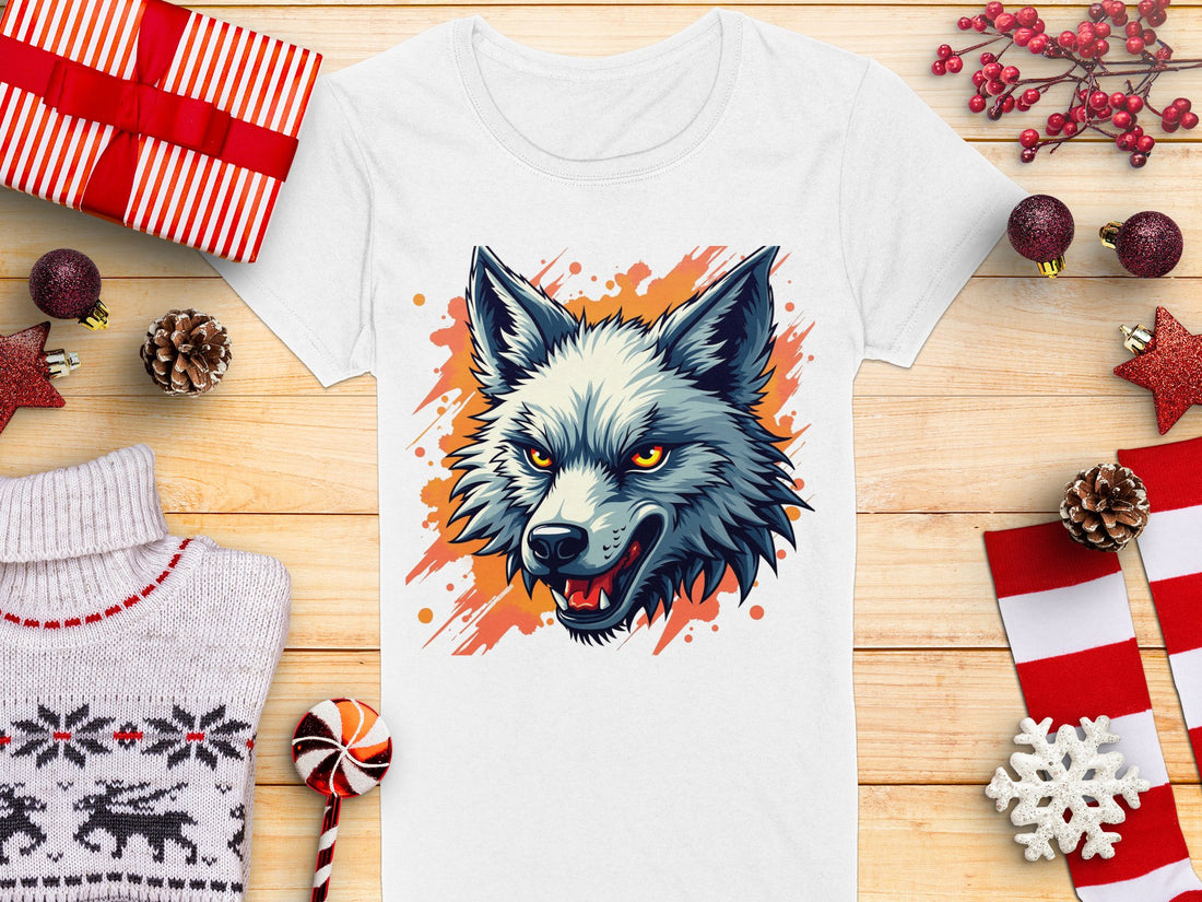 Garment Graphics 100% cotton white T-shirt showcases a bold wolf with piercing eyes and an open mouth on a vibrant brushstroke backdrop. Surrounded by wrapped gifts, a sweater, candy, pinecones, and holiday decorations on wood.