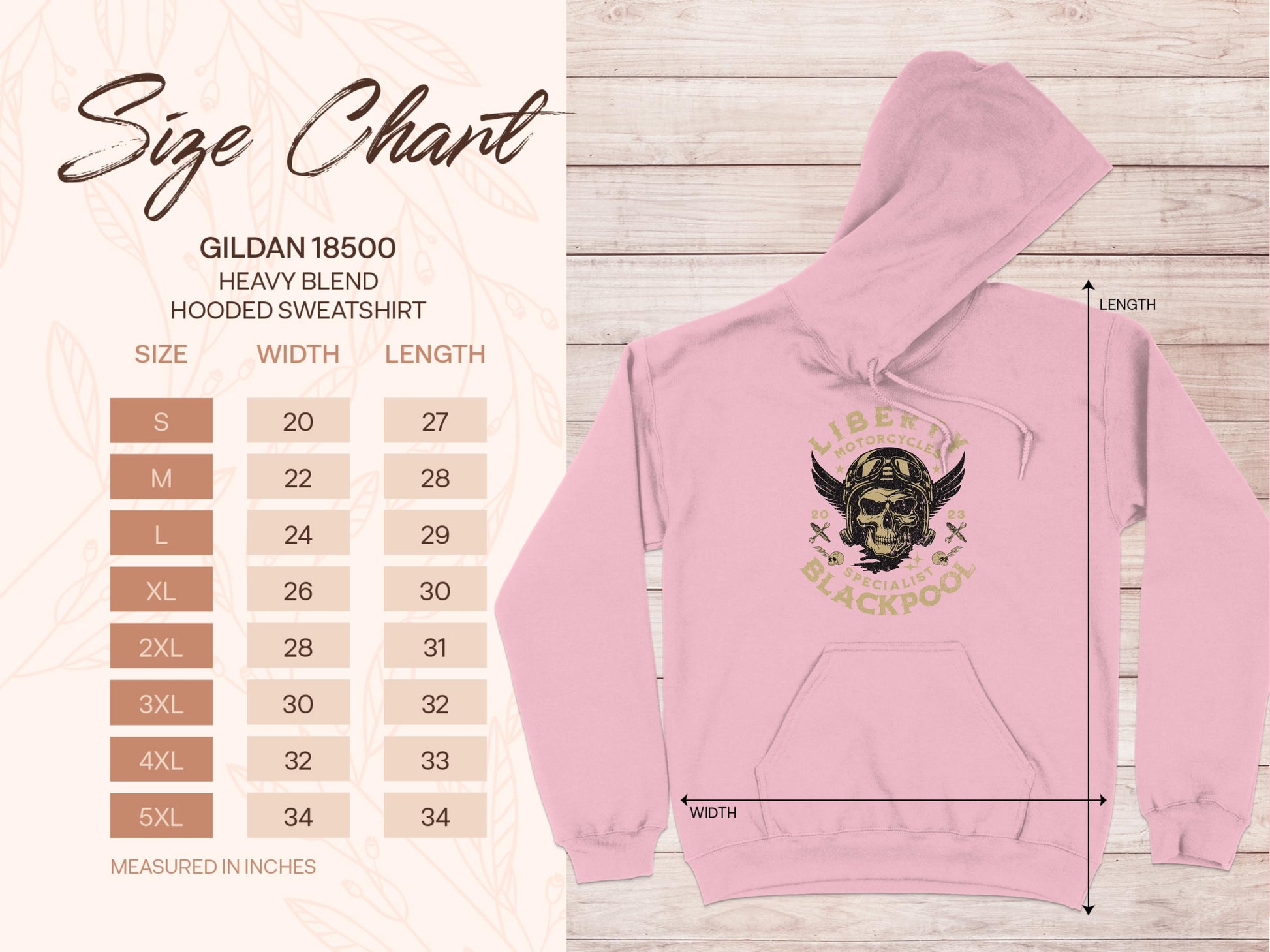 On the left, a size chart for Garment Graphics’ Gildan 18500 heavy blend hooded sweatshirt (sizes S-5XL) showing width and length in inches. On the right, a pink hoodie with Liberty Motorcycles Blackpool skull design offers unique style and annotated dimensions.