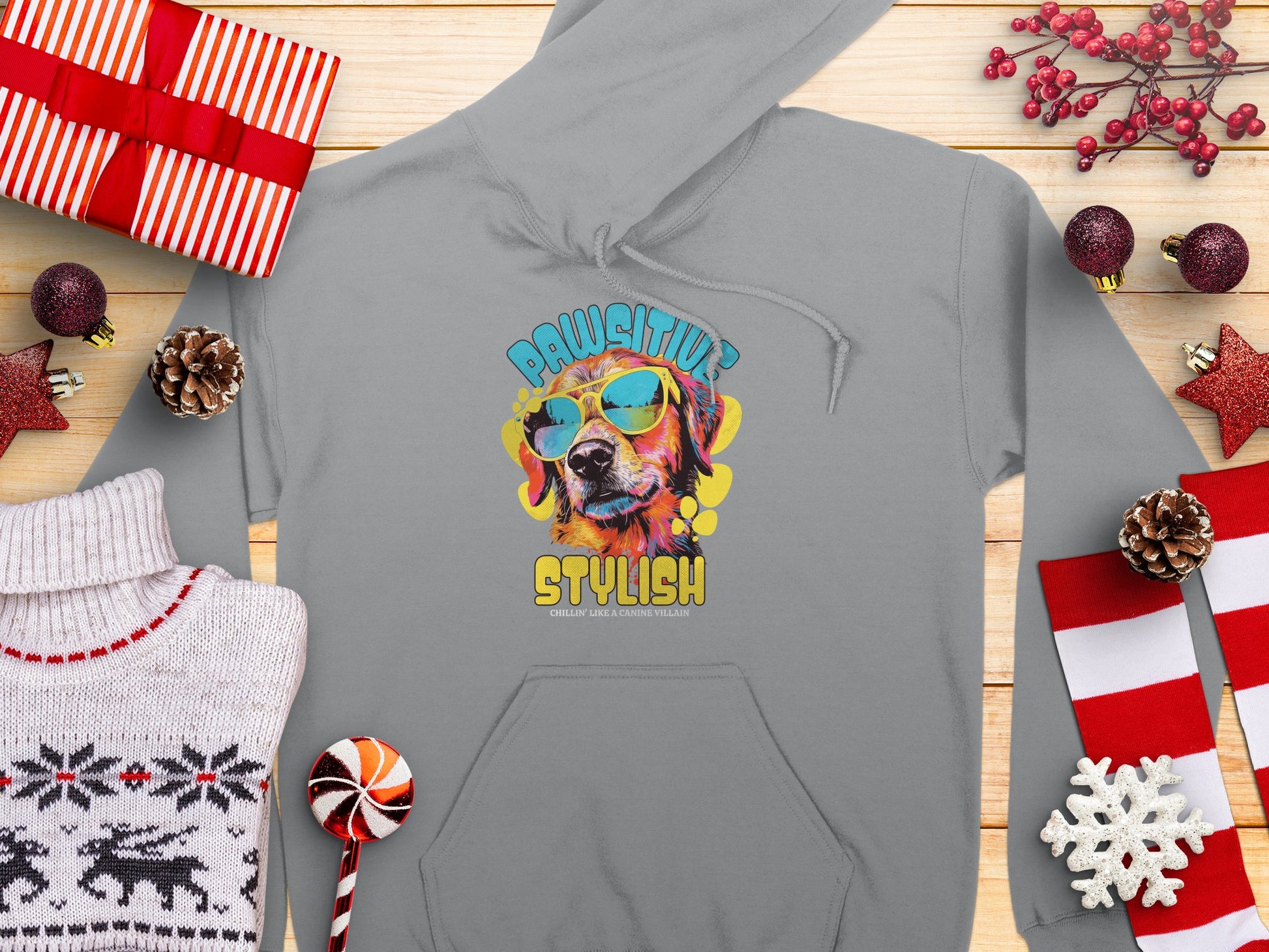 A Garment Graphics gray hoodie displays a playful dog in blue sunglasses with the text Pawsitively Stylish, set amidst holiday-themed items like a sweater, wrapped gifts, pinecones, and decorations on a wooden surface.