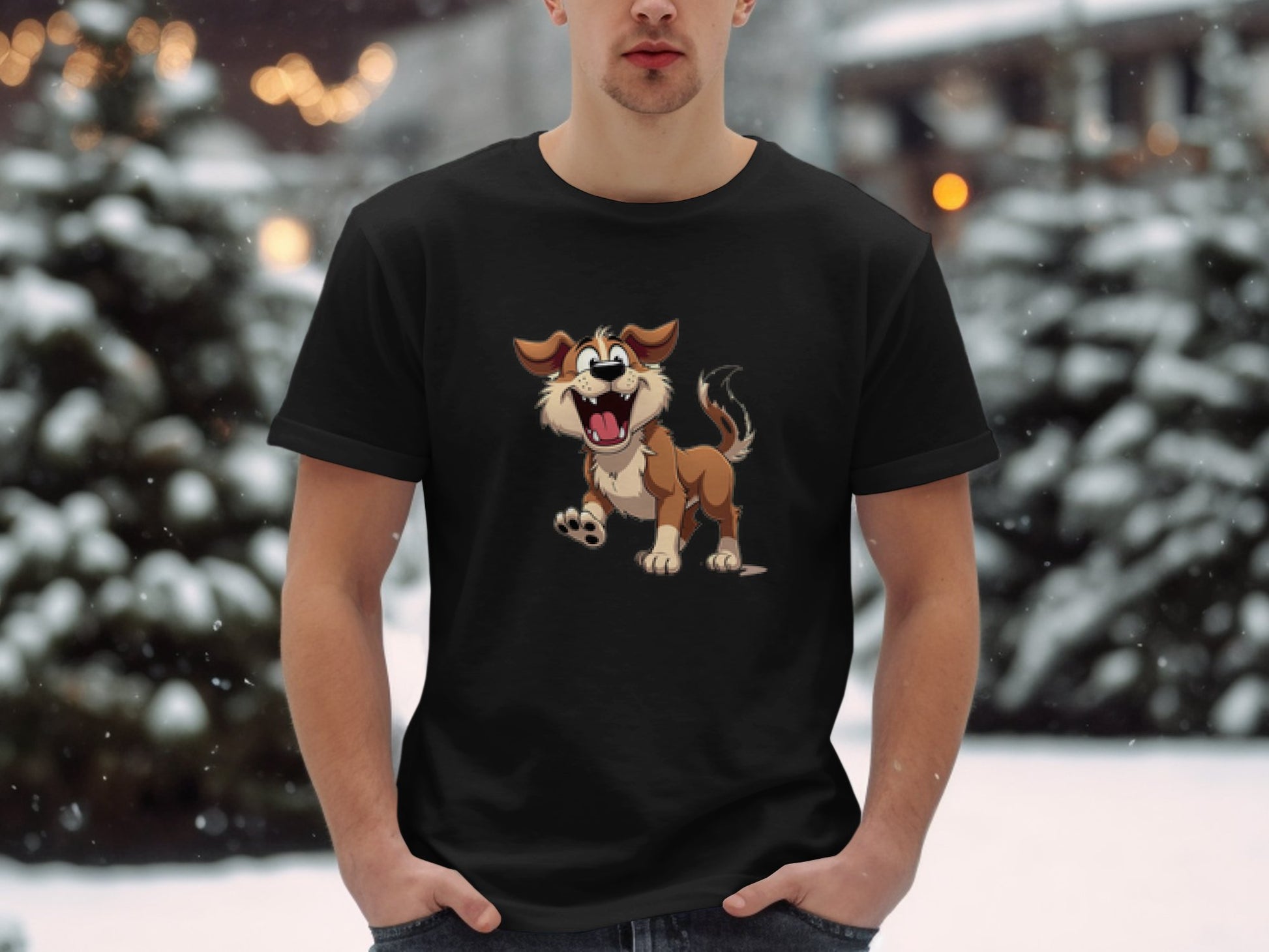 A dog lover stands outside wearing a black Garment Graphics T-shirt adorned with an animated cartoon dog, surrounded by snow-covered trees and blurred lights, capturing winters magical essence.