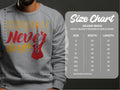 Someone wearing a lively gray Garment Graphics sweatshirt features a vivid red guitar and the phrase Music Never Sleeps, ideal for music lovers. The image includes a size chart for the Gildan 18000, with measurements in inches from S to 5XL.