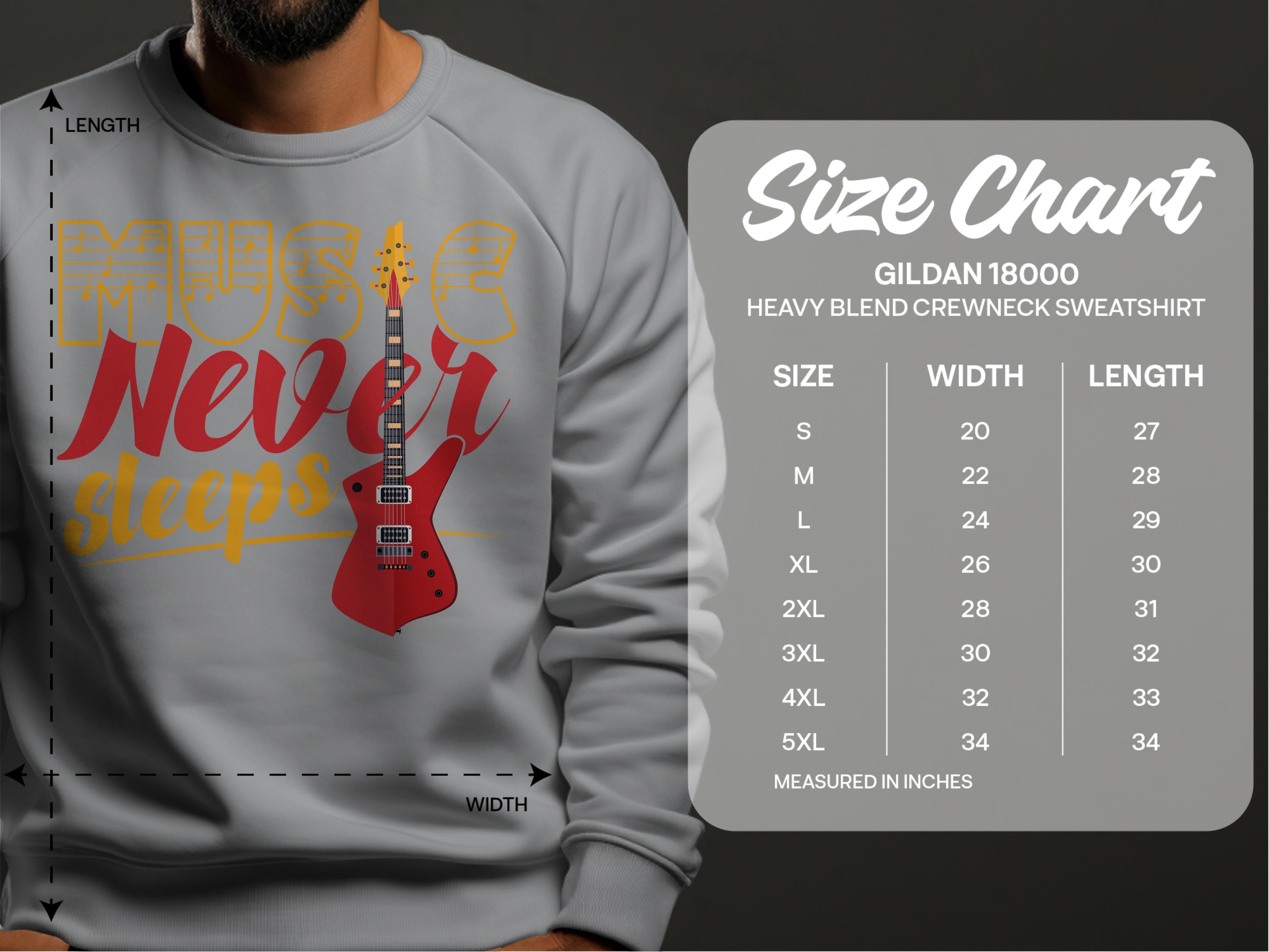 Someone wearing a lively gray Garment Graphics sweatshirt features a vivid red guitar and the phrase Music Never Sleeps, ideal for music lovers. The image includes a size chart for the Gildan 18000, with measurements in inches from S to 5XL.