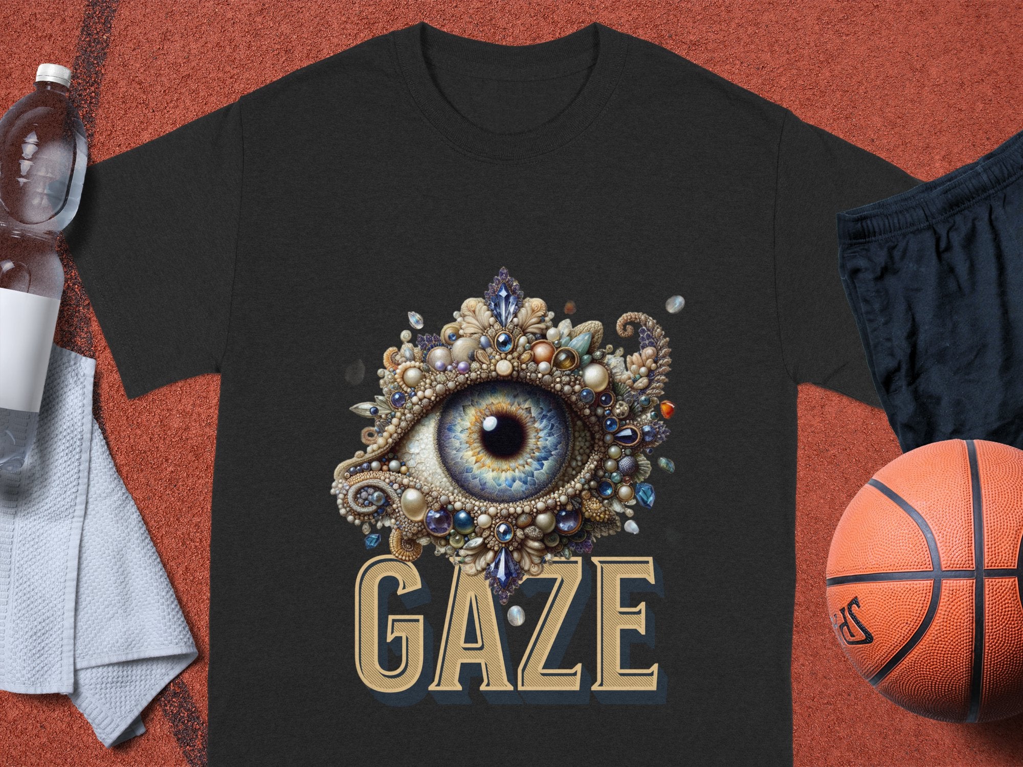 A classic fit black Garment Graphics T-shirt showcases a detailed eye design embellished with jewels and ornate patterns, with GAZE boldly printed below. The shirt is styled with a basketball, shorts, water bottle, and towel.