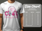 A man wears a white Gildan 5000 heavy cotton T-shirt from Garment Graphics, featuring pink Just be Cool Rock and Roll text and headphones design. Ideal for music fans, the size chart shows sizes S to 5XL with widths and lengths in inches.