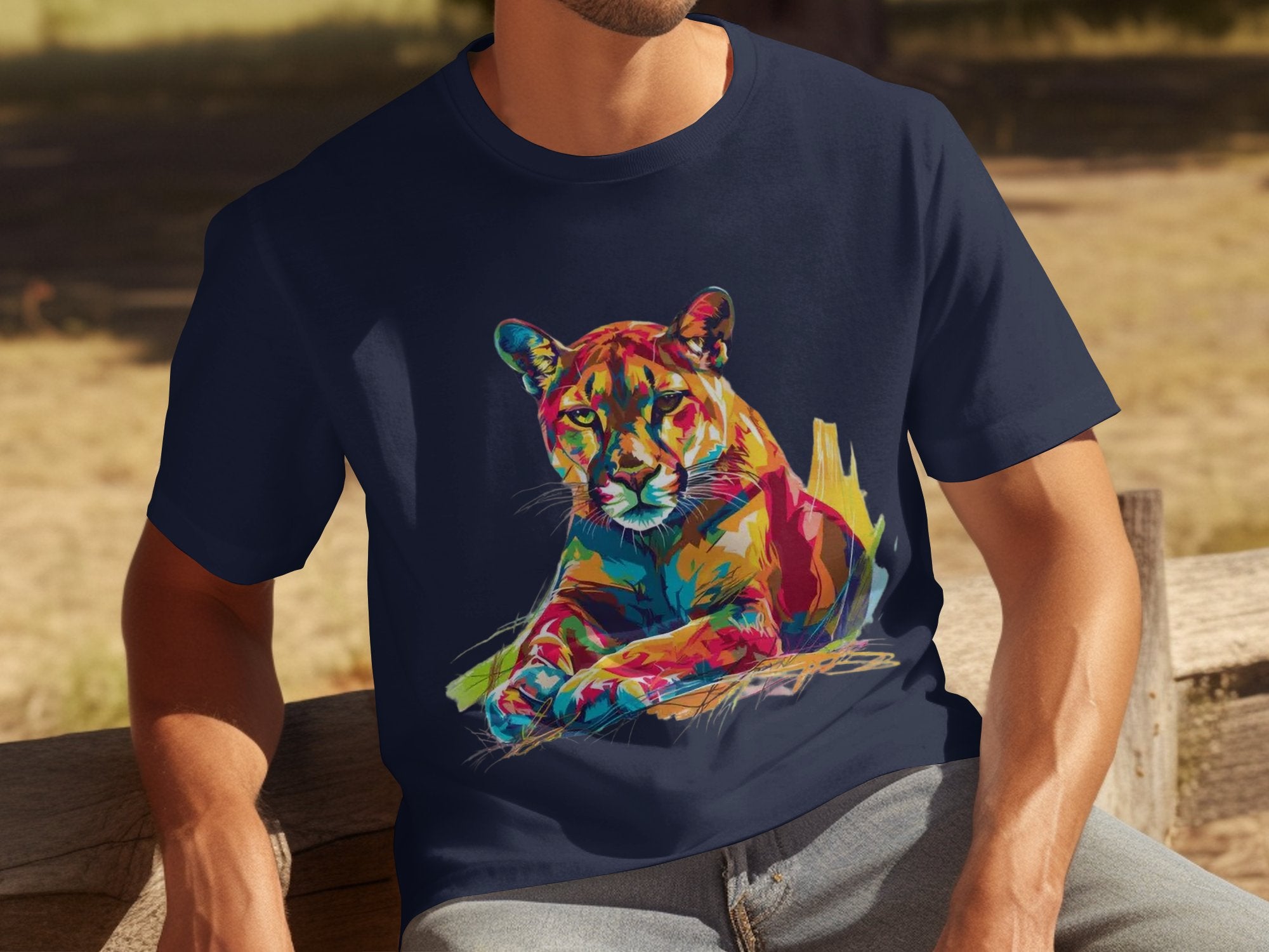 A person sits on a wooden bench in an outdoor setting with grass and sunlight, wearing a navy blue T-shirt from Garment Graphics. The shirt features vibrant artwork of a colorful roaring cougar.