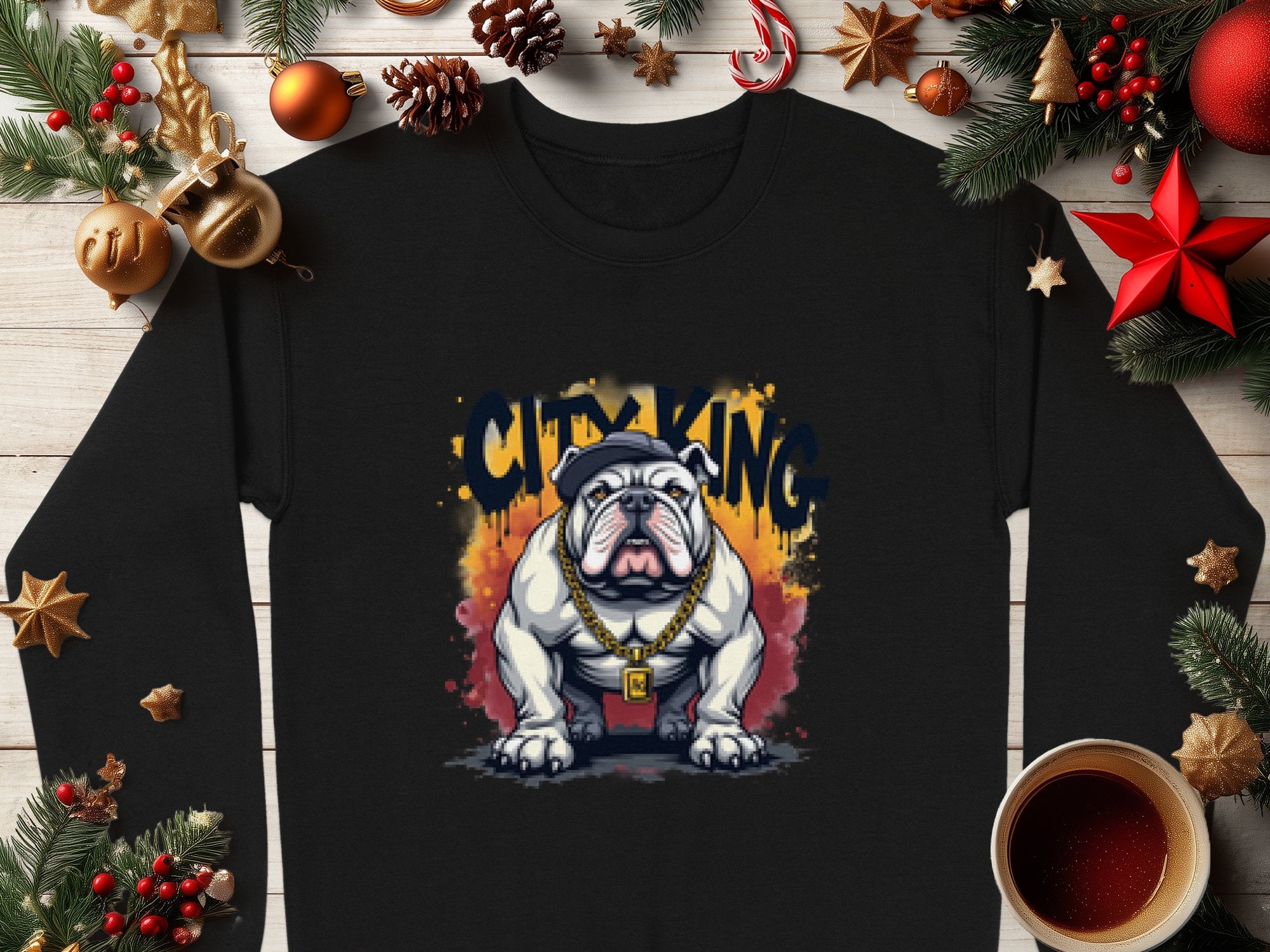 The Garment Graphics black Bulldog Sweatshirt features a bulldog with a gold chain and crown under CITY KING graffiti. Set among holiday decorations and a steaming coffee on wood, it exudes urban royalty with seasonal flair.