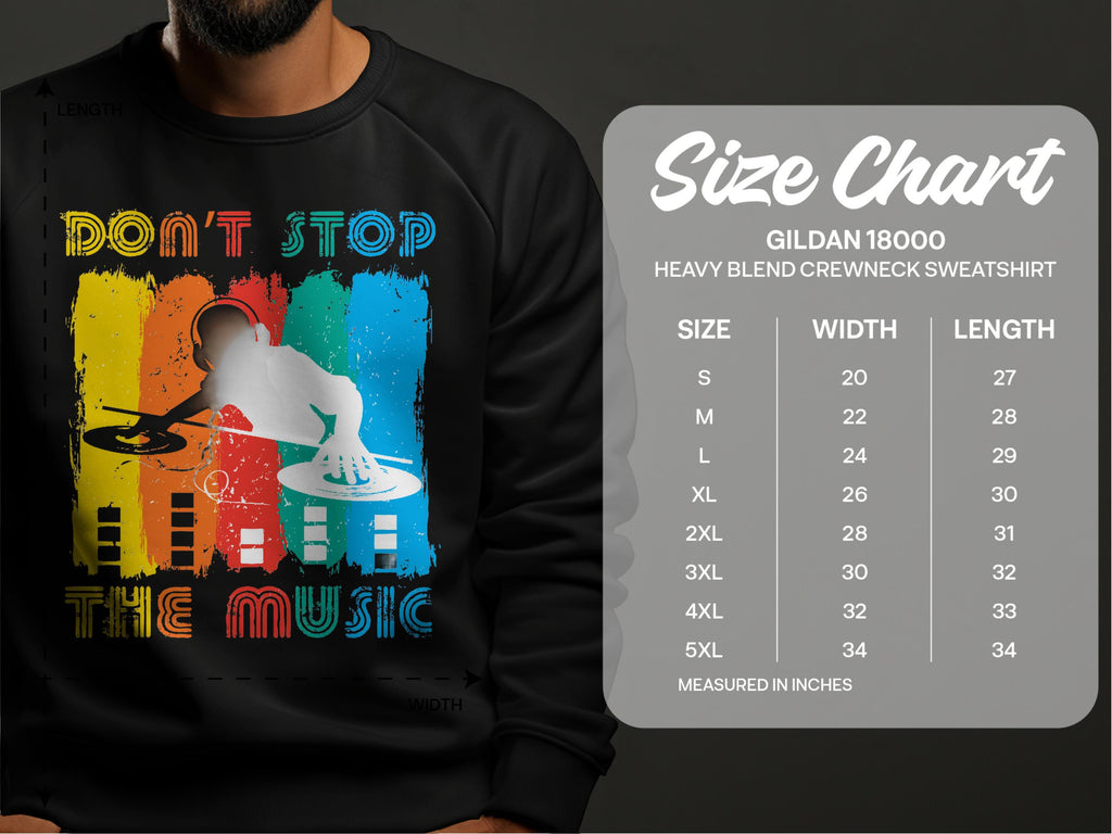 A music lover wears a black unisex DJ sweatshirt from Garment Graphics, showcasing a vivid DJ at turntables and Dont Stop the Music text. A size chart for Gildan 18000 sweatshirts is conveniently displayed on the right.