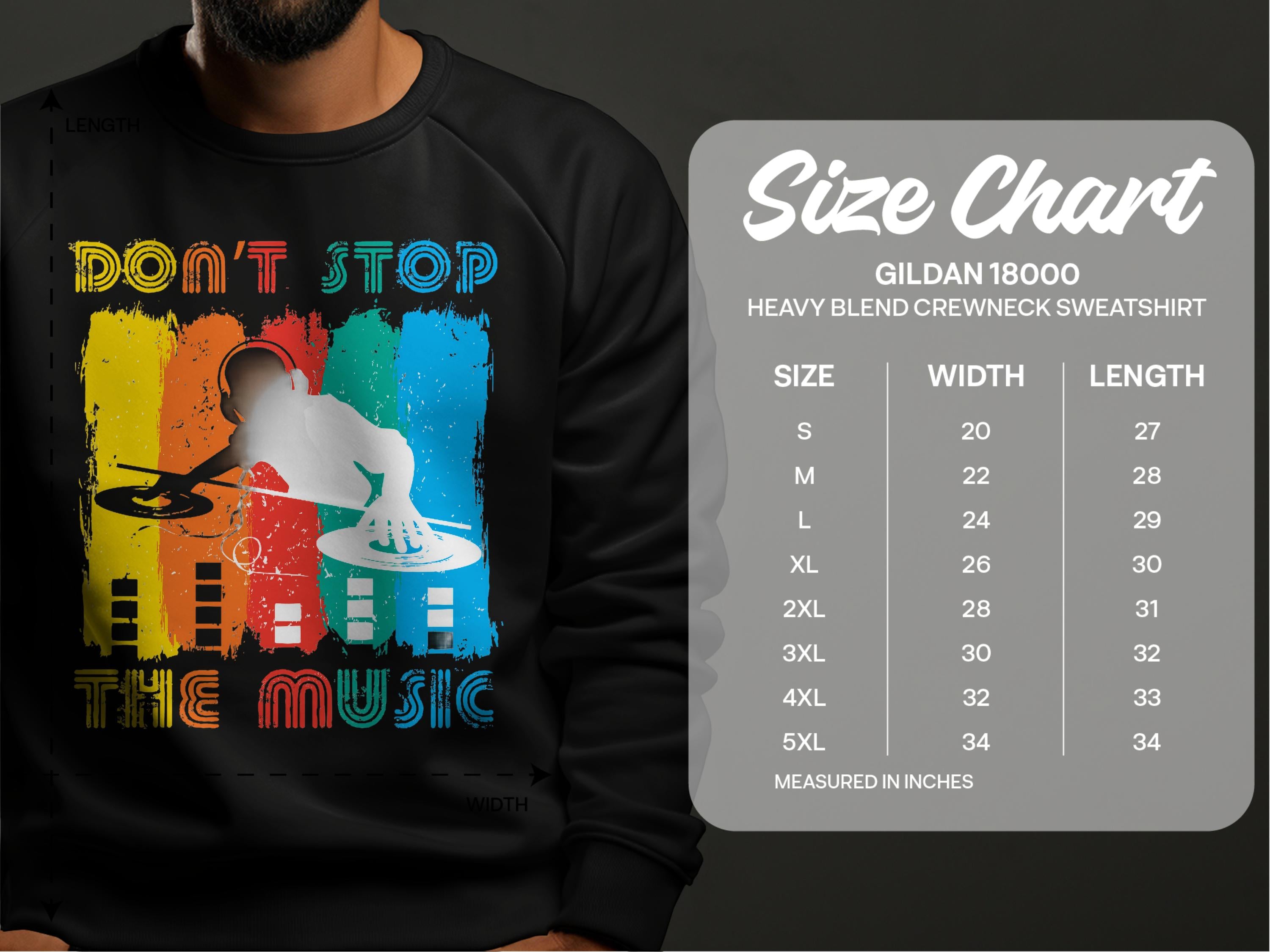 A music lover wears a black unisex DJ sweatshirt from Garment Graphics, showcasing a vivid DJ at turntables and Dont Stop the Music text. A size chart for Gildan 18000 sweatshirts is conveniently displayed on the right.