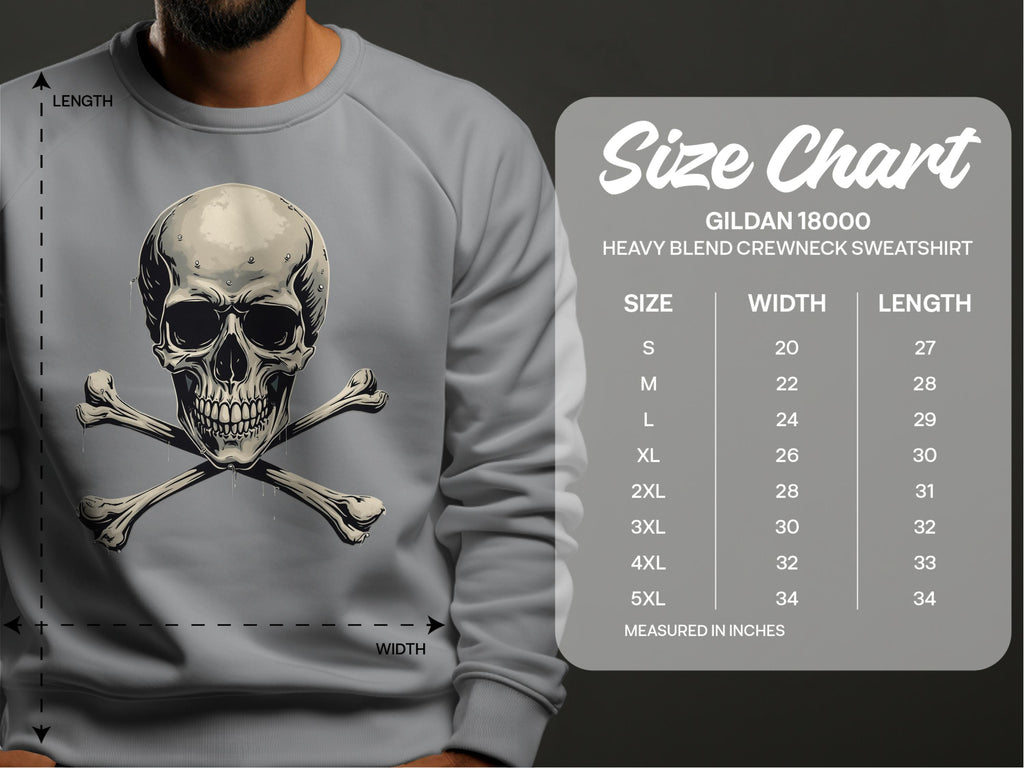 A person sports a bold Garment Graphics gray sweatshirt with a skull and crossbones design. Beside them, the size chart for the Gildan 18000 heavy blend crewneck shows sizes S to 5XL, detailing width and length measurements in inches.